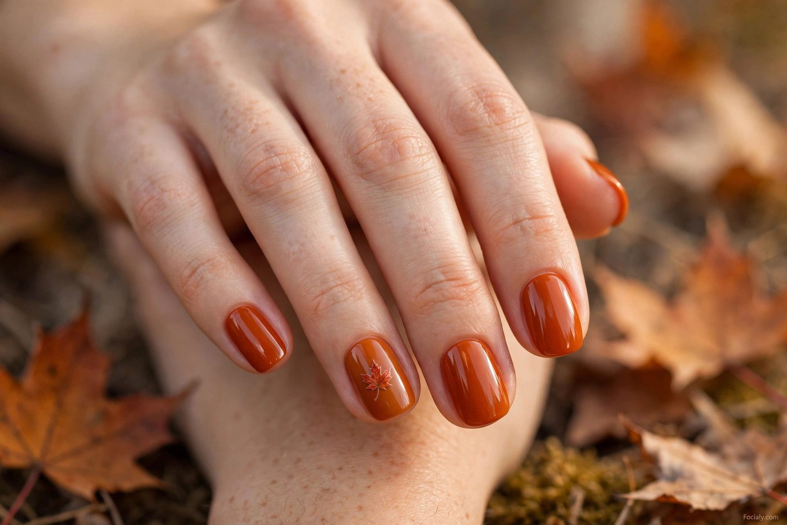Burnt orange autumn nails with a maple leaf accent