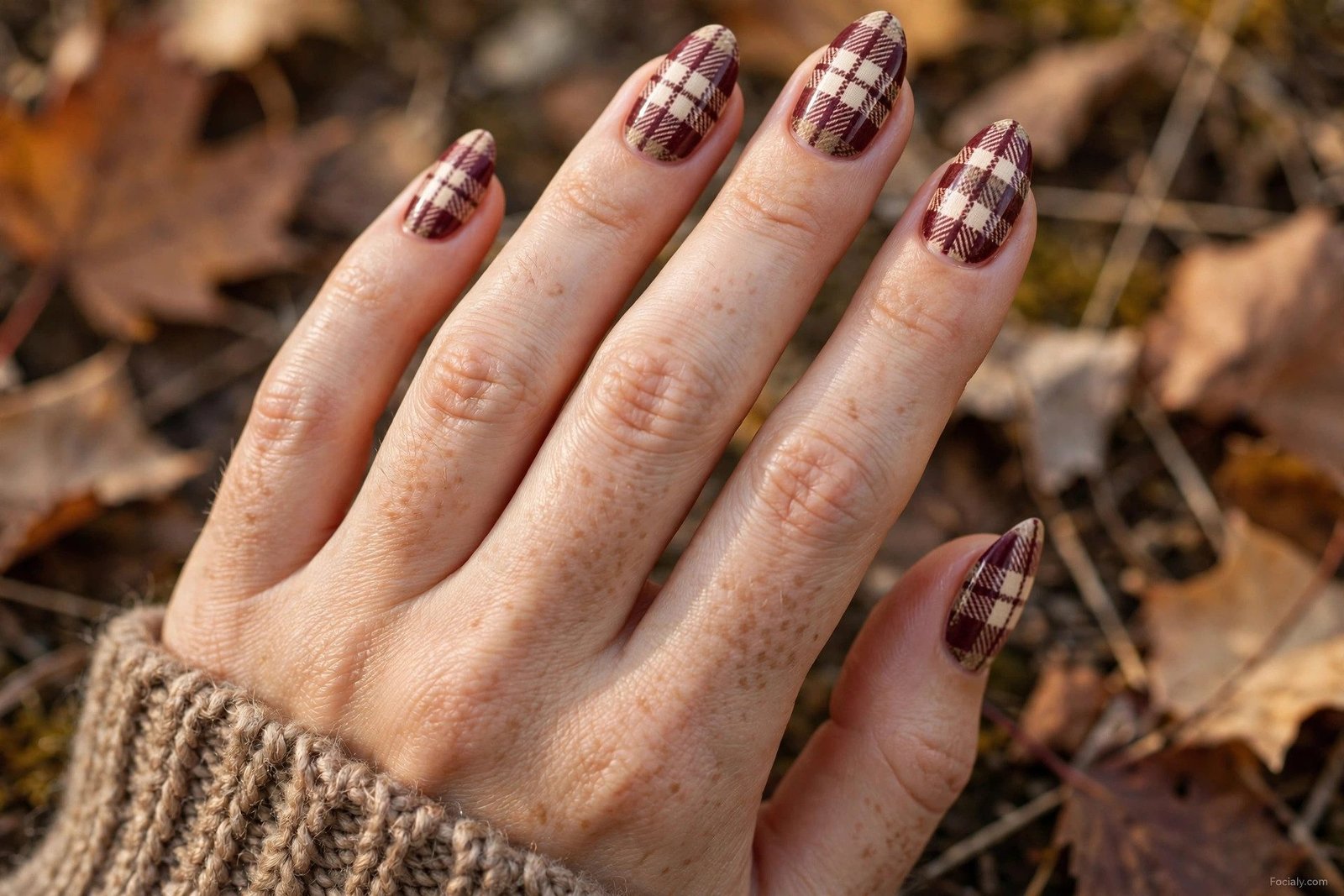 Burgundy and cream plaid flannel nail art