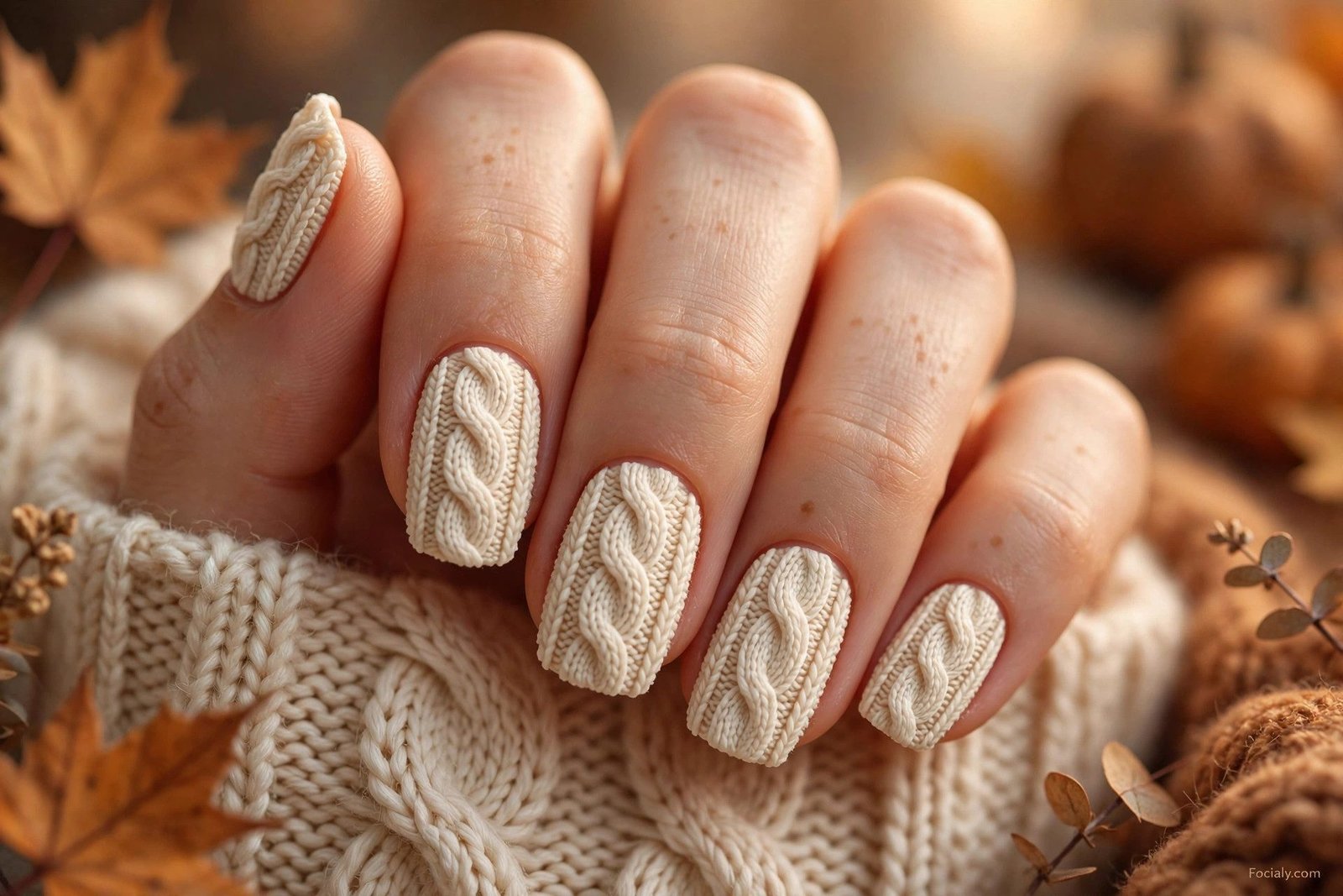 Cream cable-knit sweater texture nail art