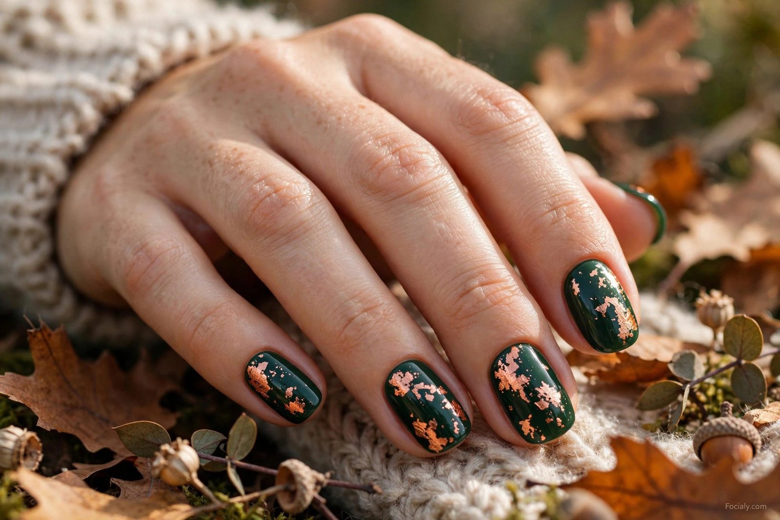 Deep forest green autumn nails with copper foil flakes