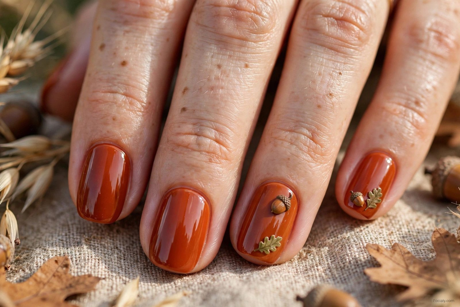 Rust orange autumn nails with acorn and oak leaf art
