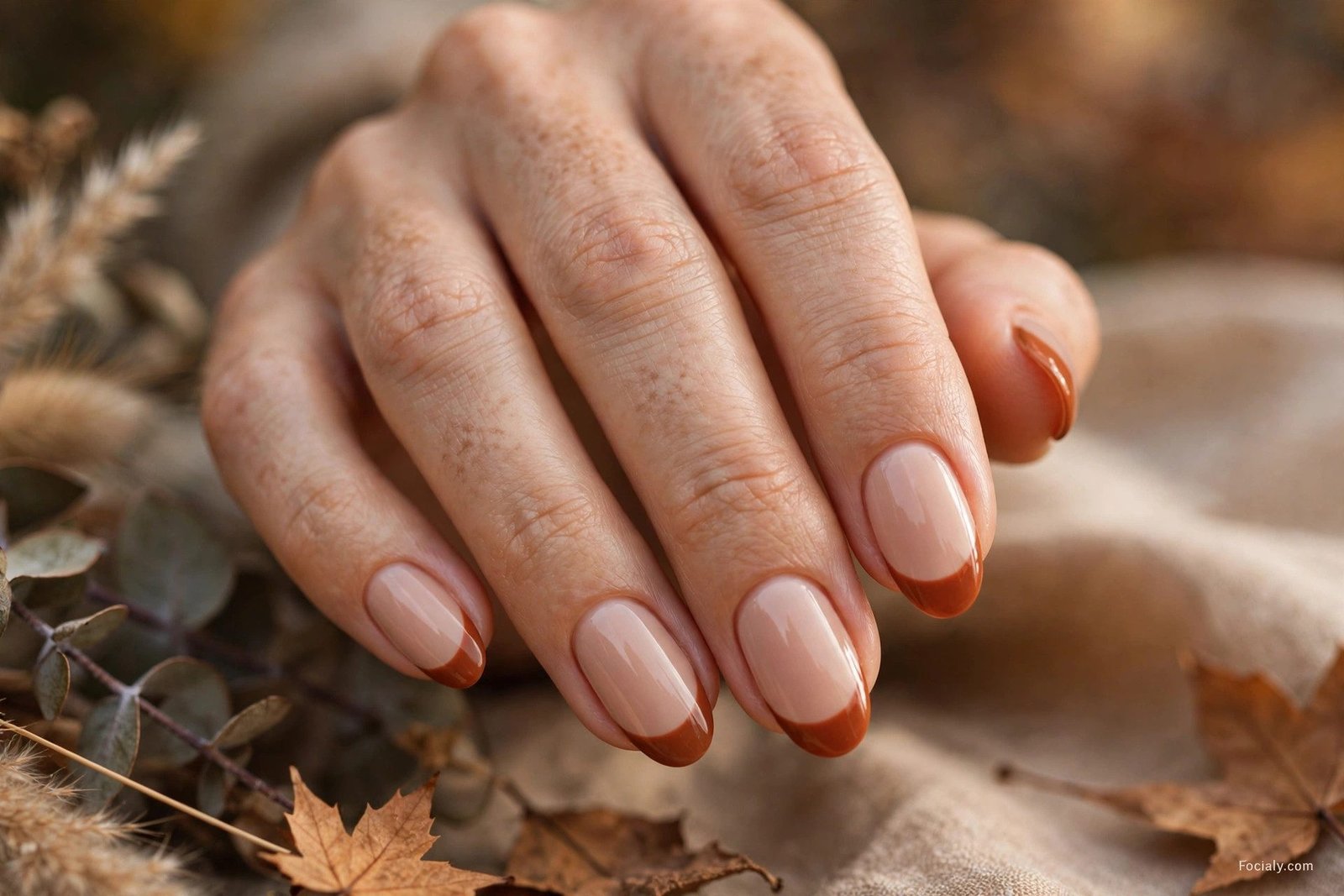 Terracotta French tip autumn nails on a nude base