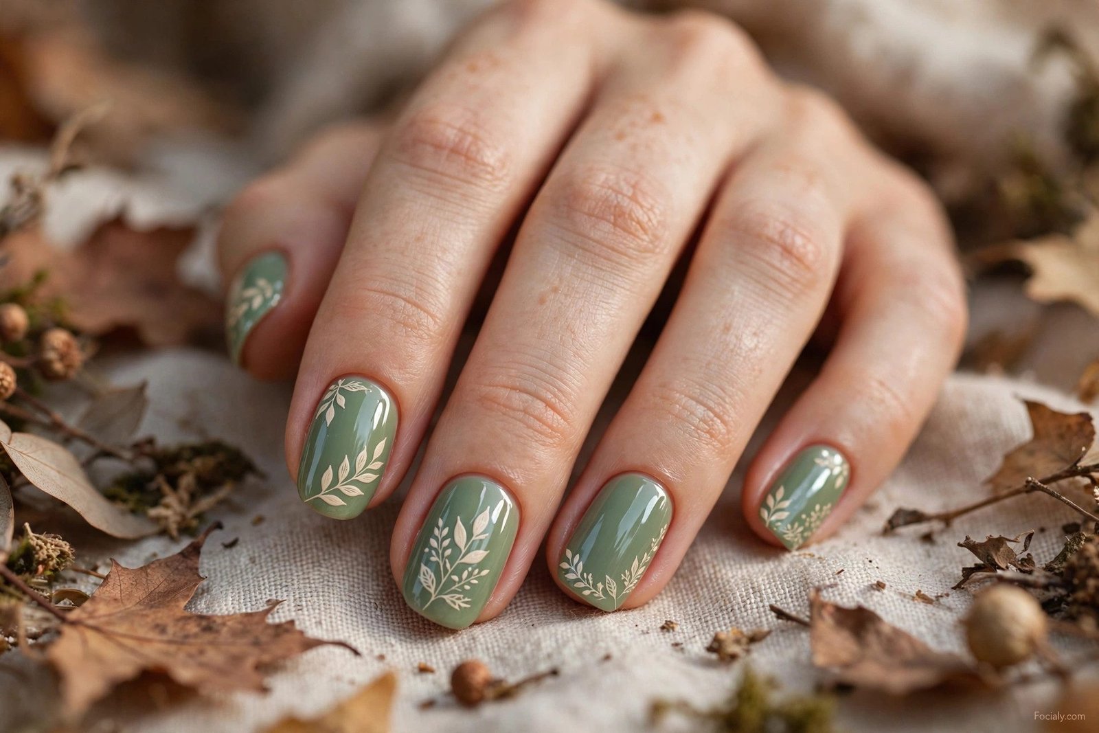 Sage green autumn nails with cream leaf patterns