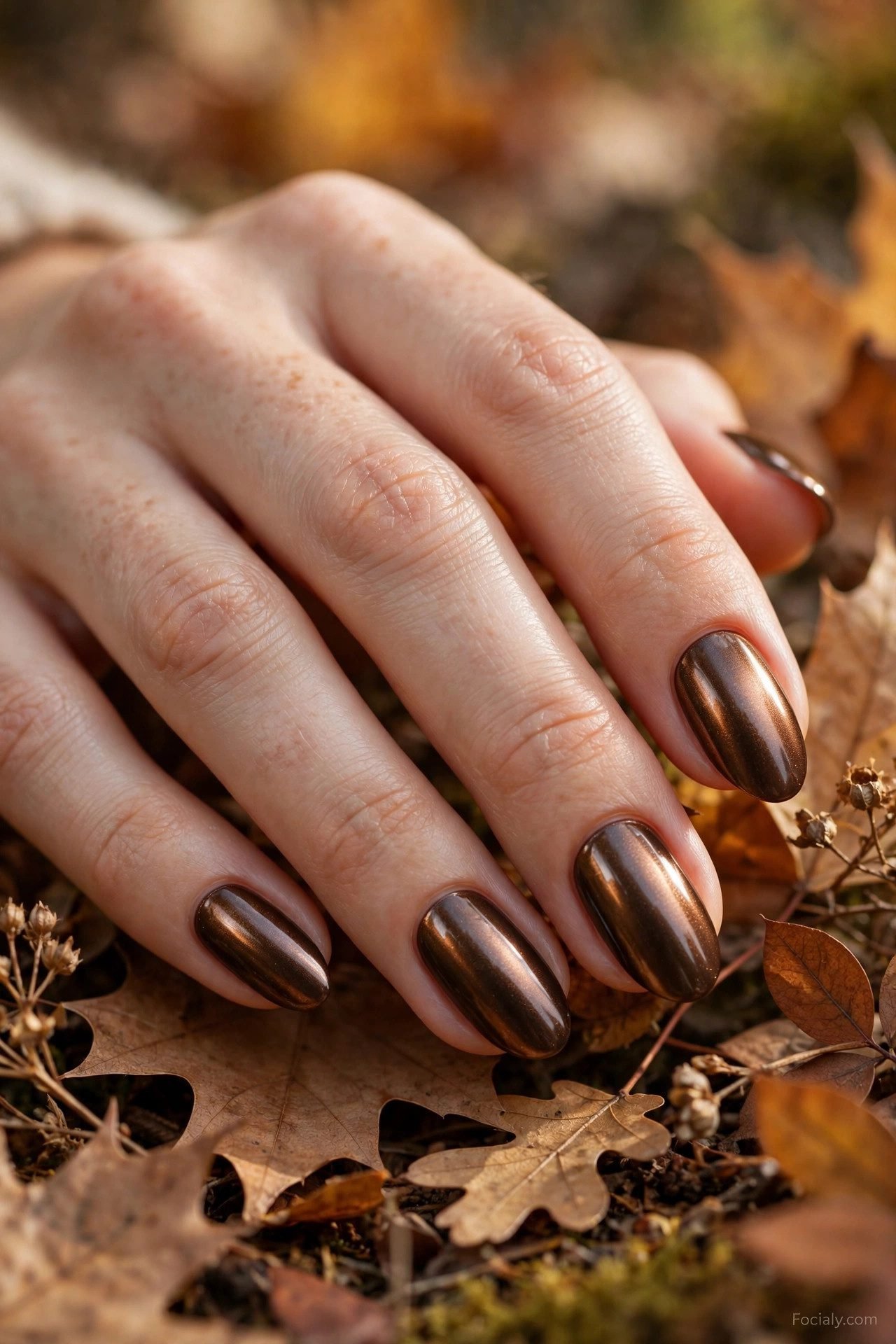 Espresso brown autumn nails with bronze chrome finish