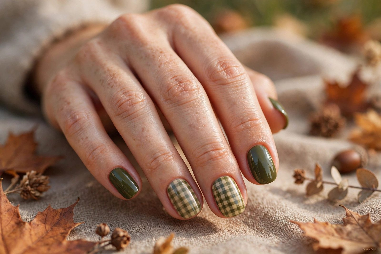 Olive green autumn nails with gingham check pattern