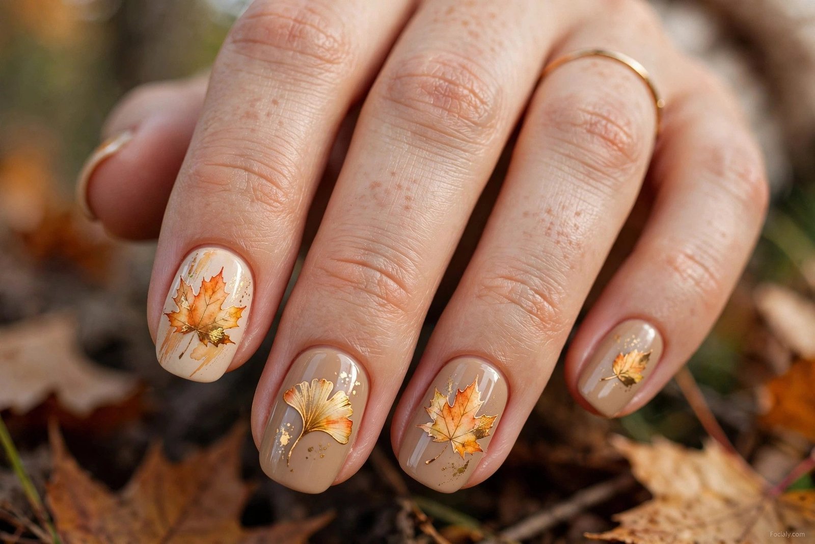 Warm beige autumn nails with watercolor fall leaves