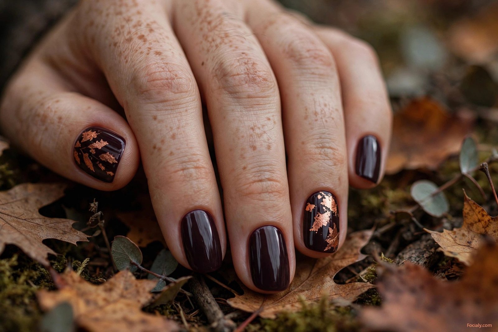 Dark plum autumn nails with copper leaf accents