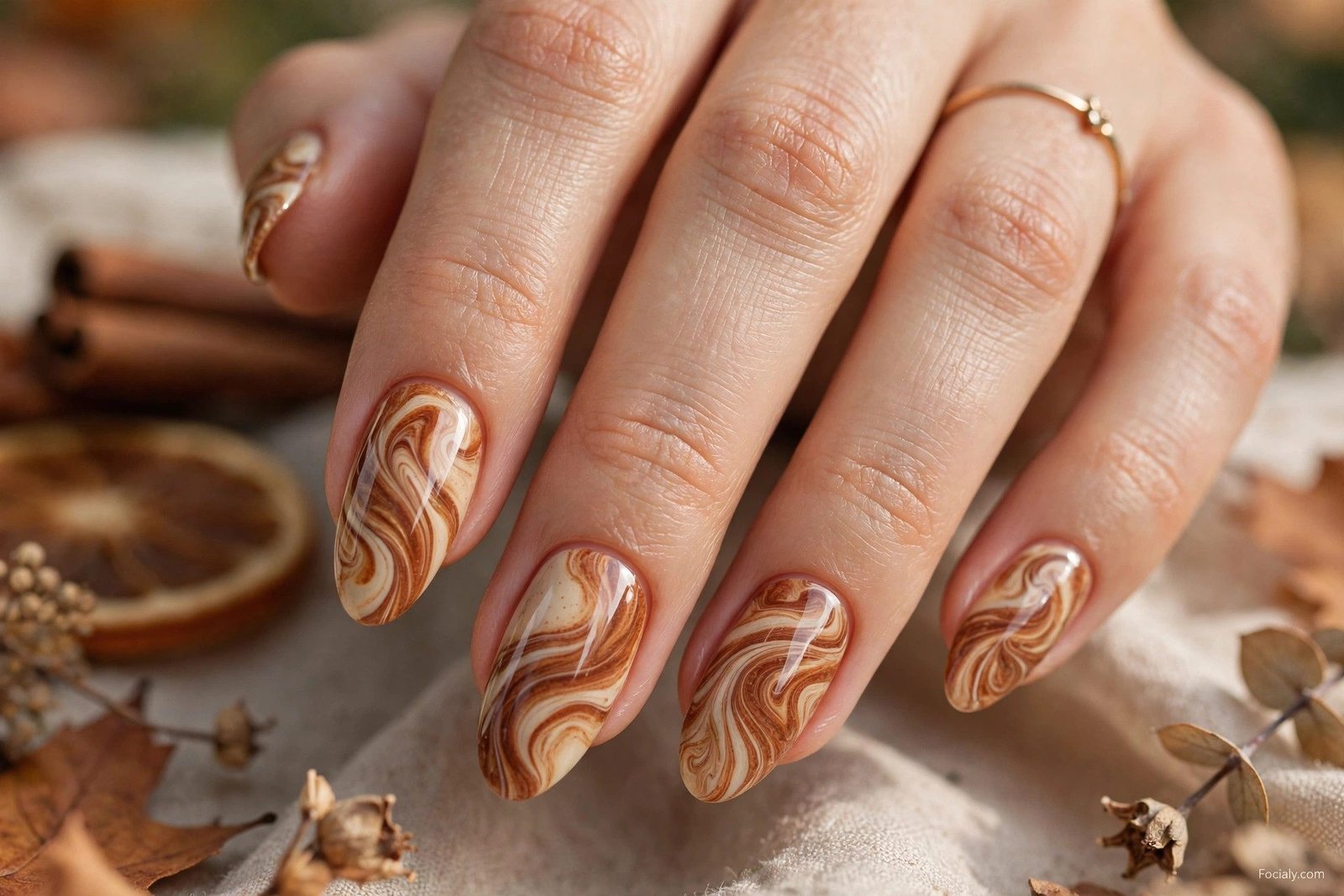 Cinnamon swirl marble autumn nails in brown and cream