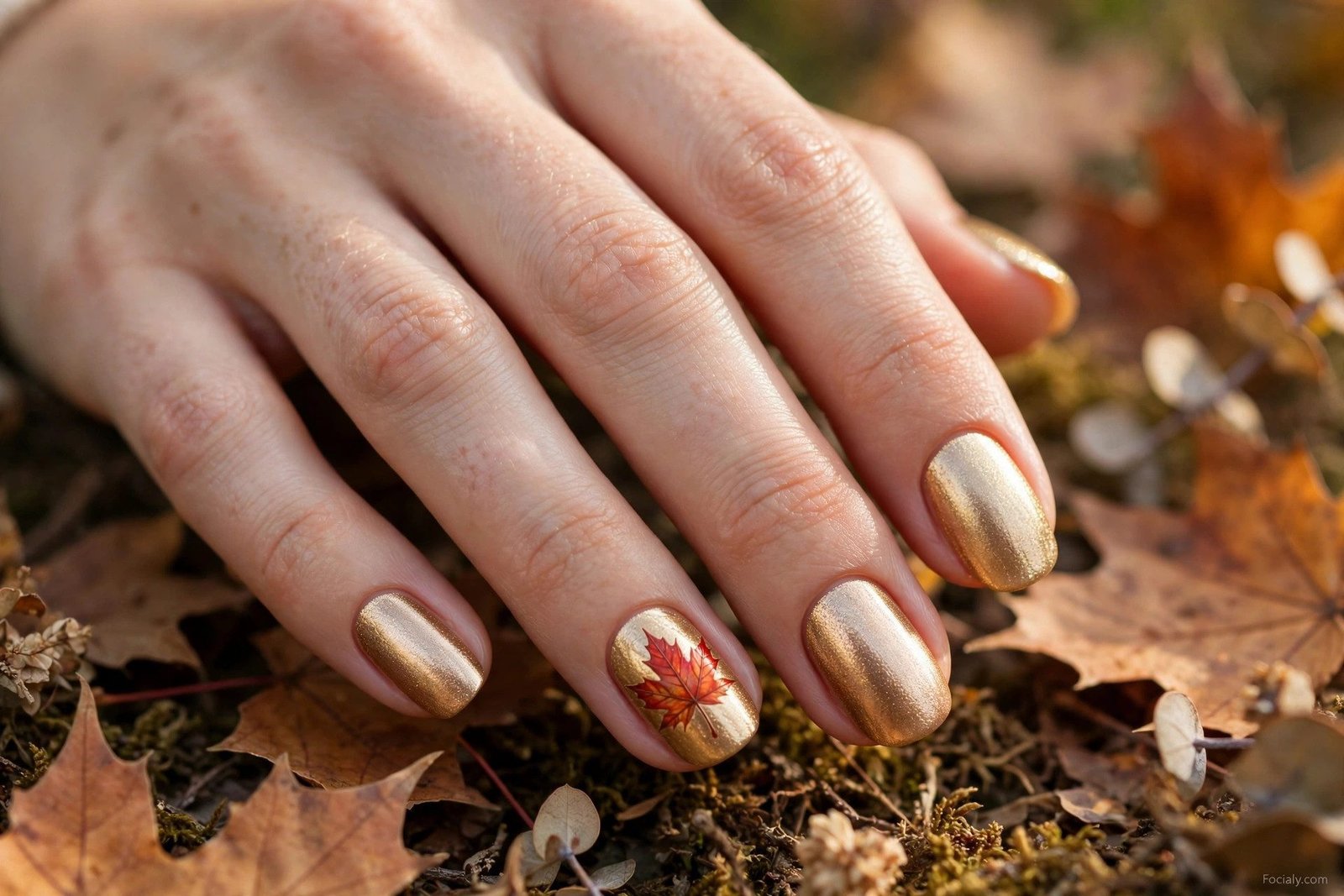 Champagne gold autumn nails with red maple leaf accent