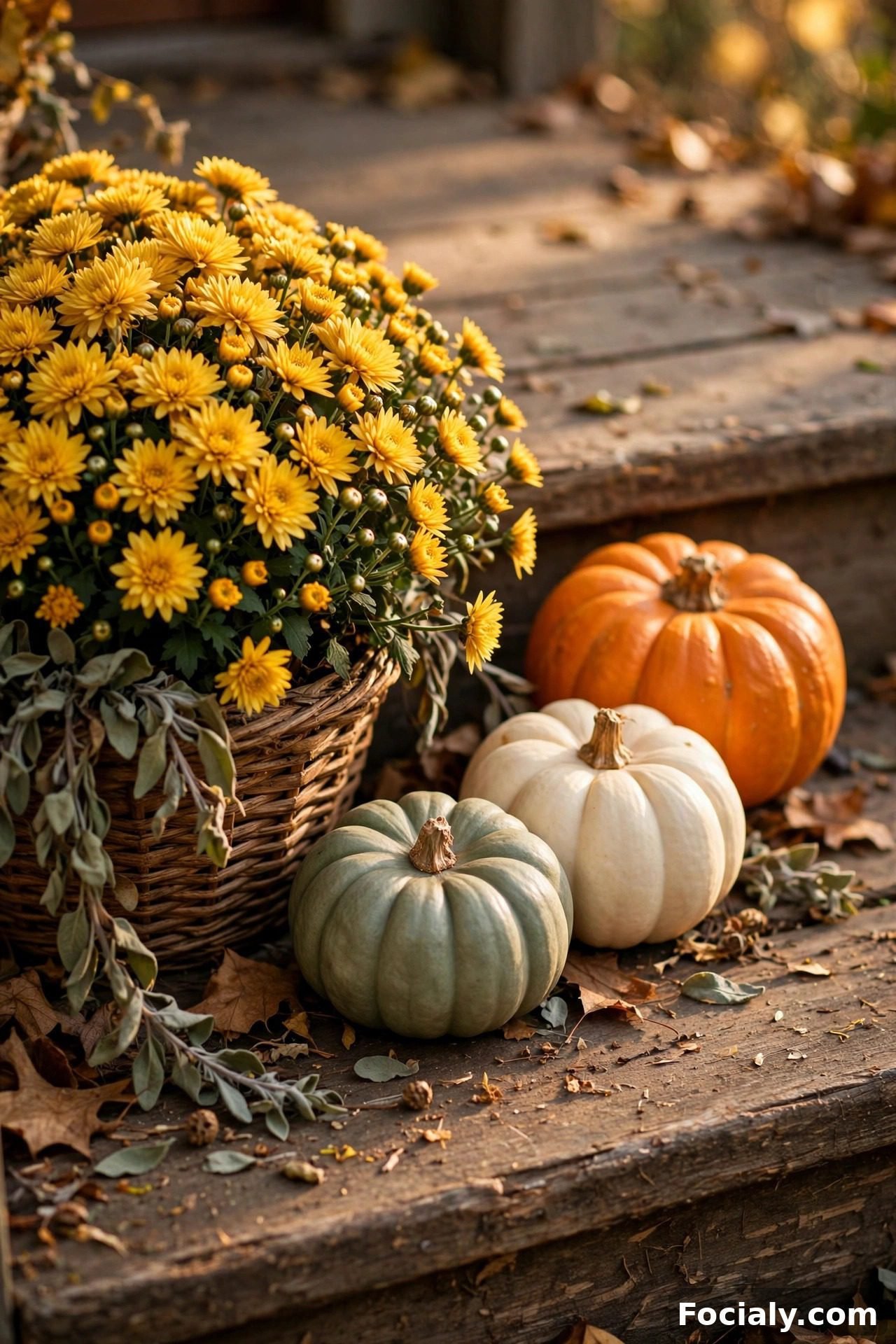 Affordable dollar-store pumpkins clustered on porch steps with mums