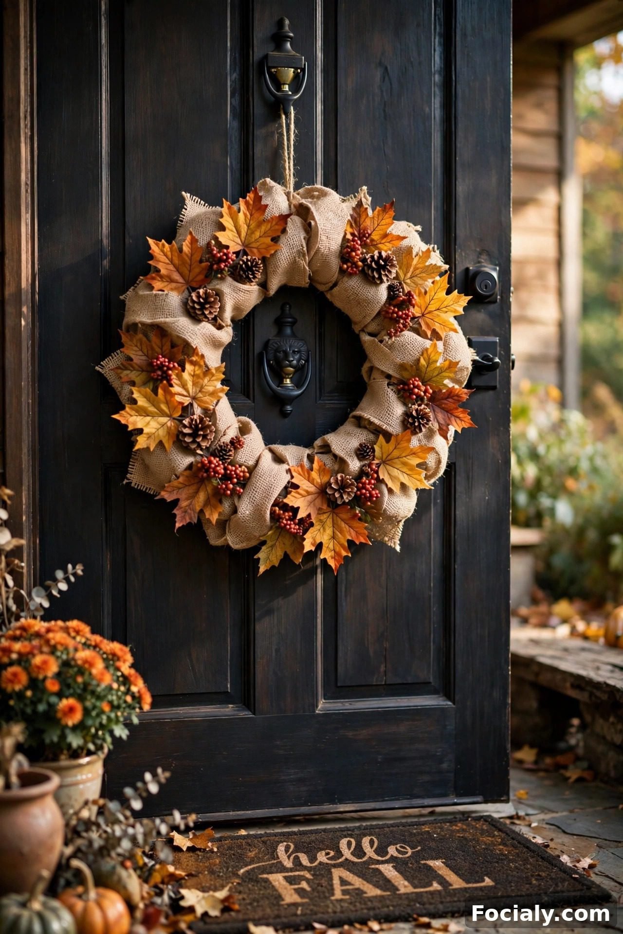 Handmade burlap wreath with faux autumn leaves on a front door