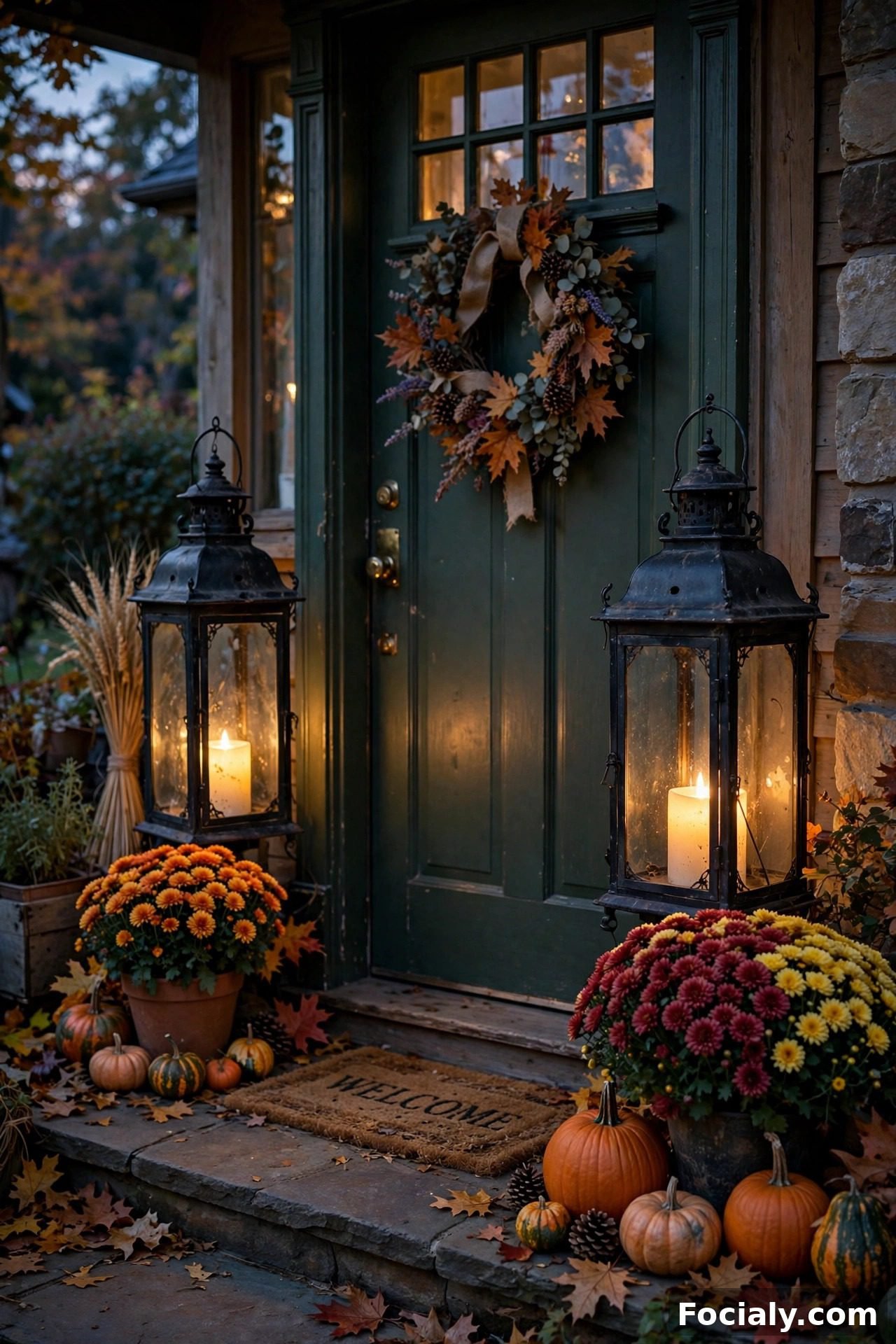 Thrifted lanterns with LED candles glowing on a fall porch at dusk