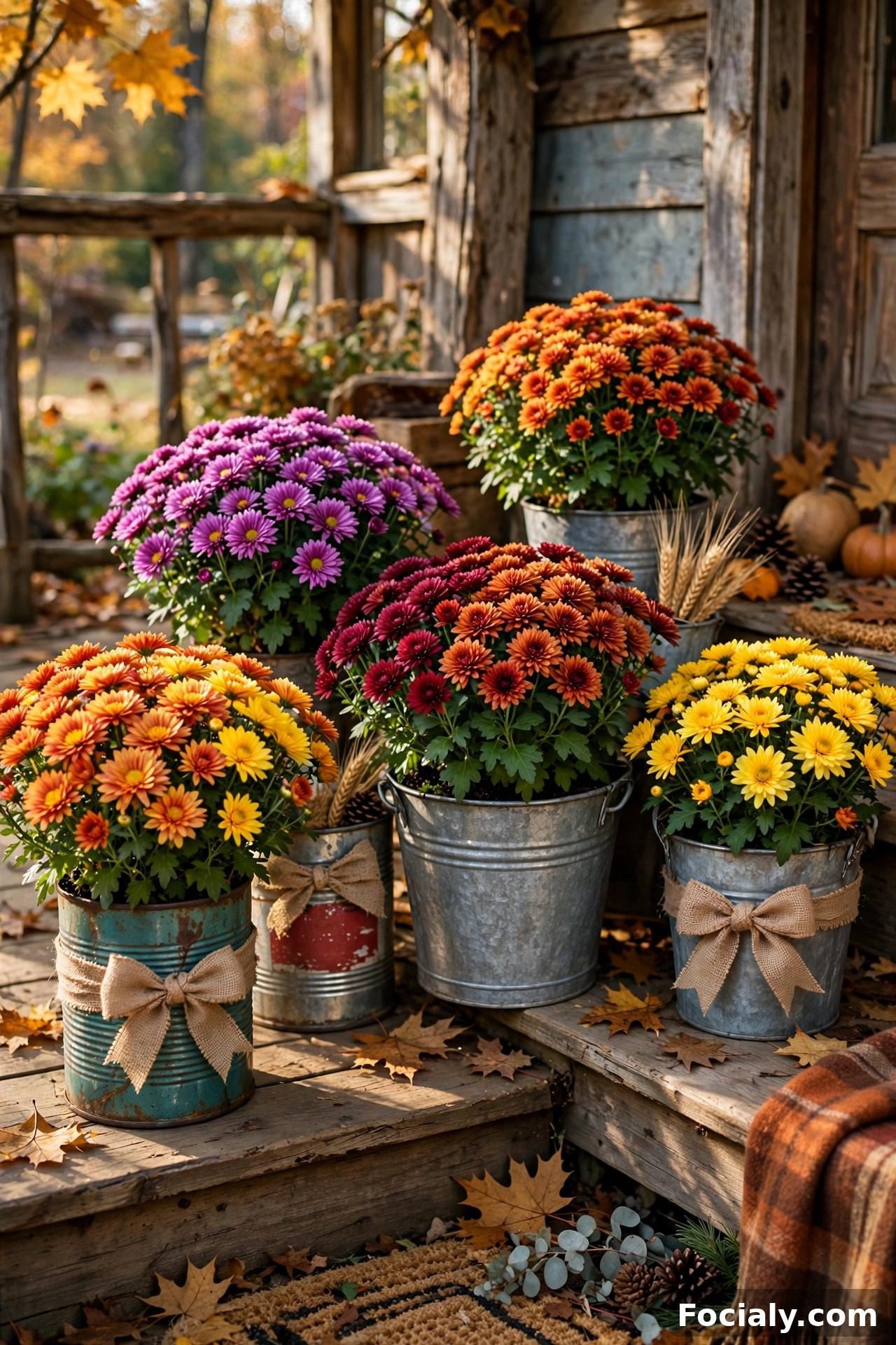 Fall mums planted in recycled tin cans with burlap bows on a porch