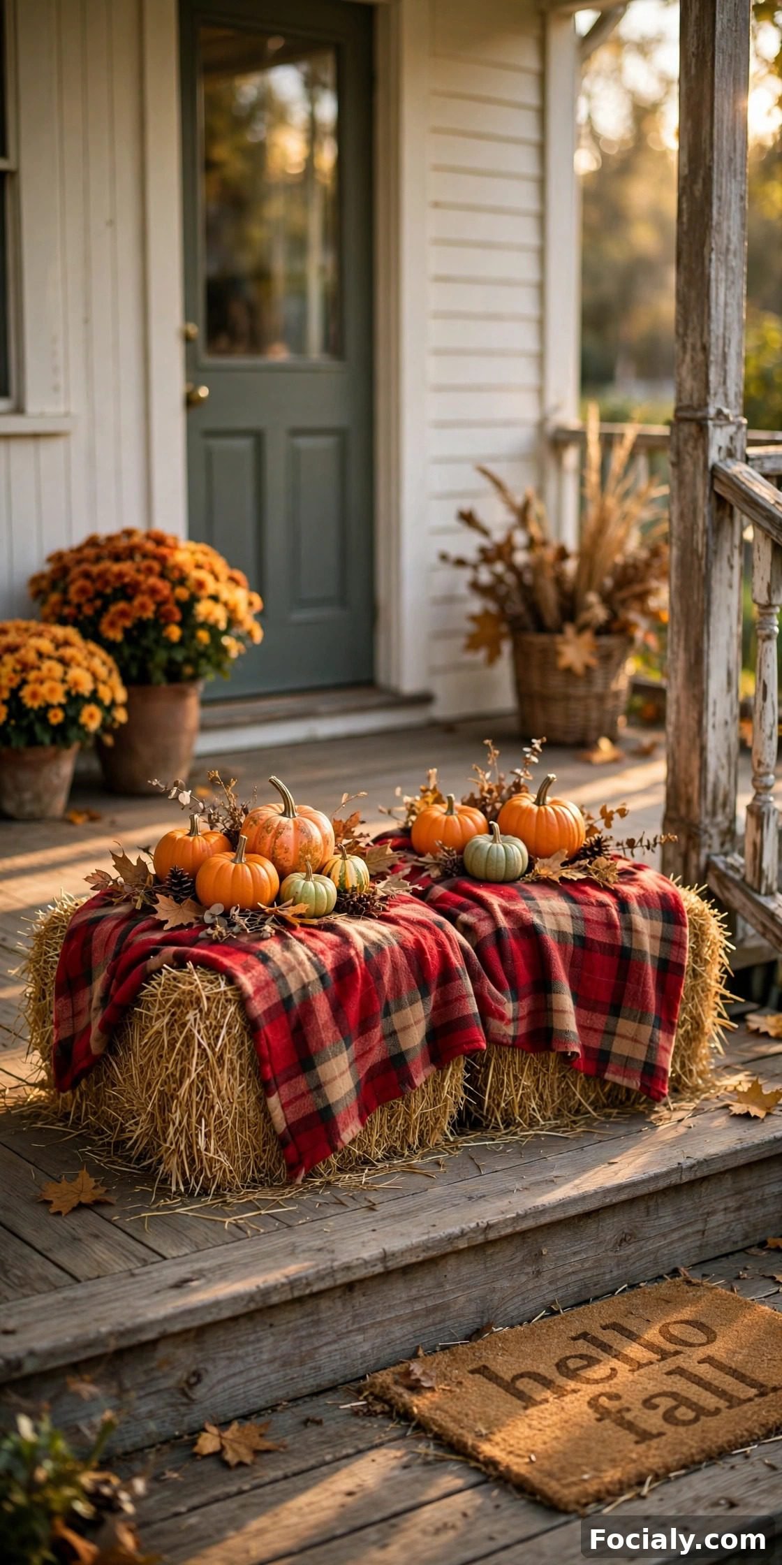 Hay bales with a plaid throw blanket and pumpkins on a porch