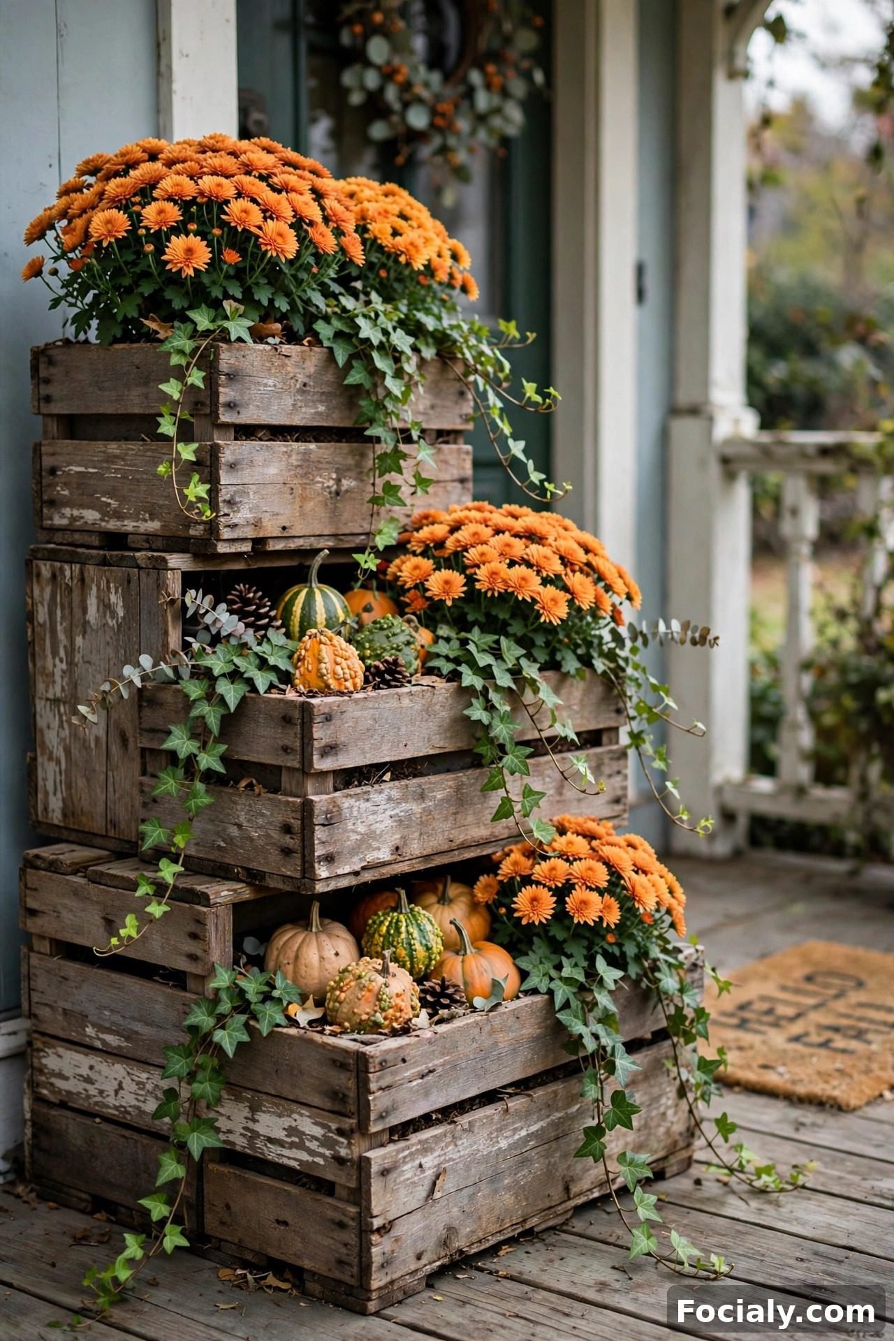 Wooden crates stacked as planters with mums and gourds