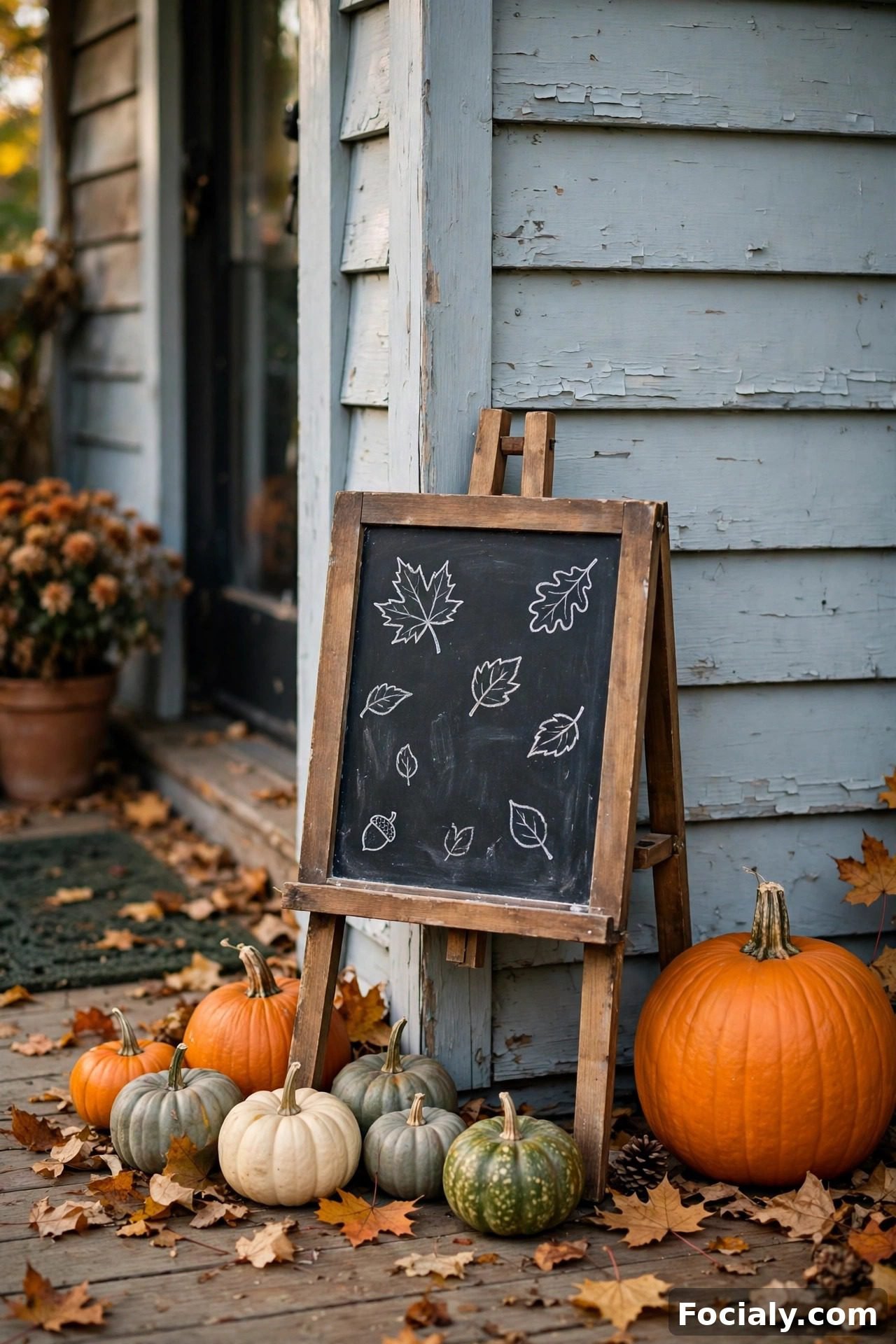 DIY chalkboard welcome sign on a small easel by the front door