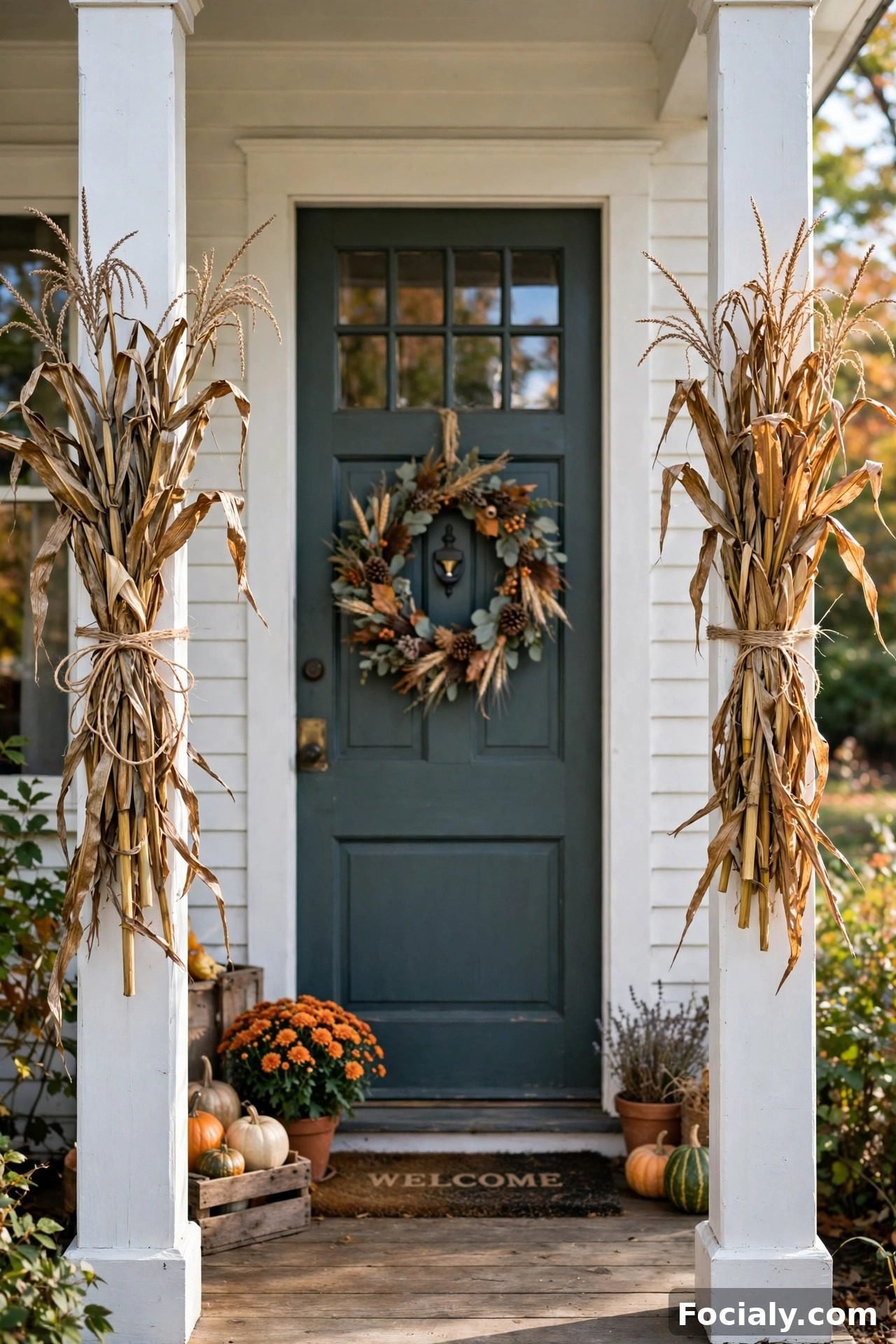 Dried corn stalks tied to porch posts framing a front door
