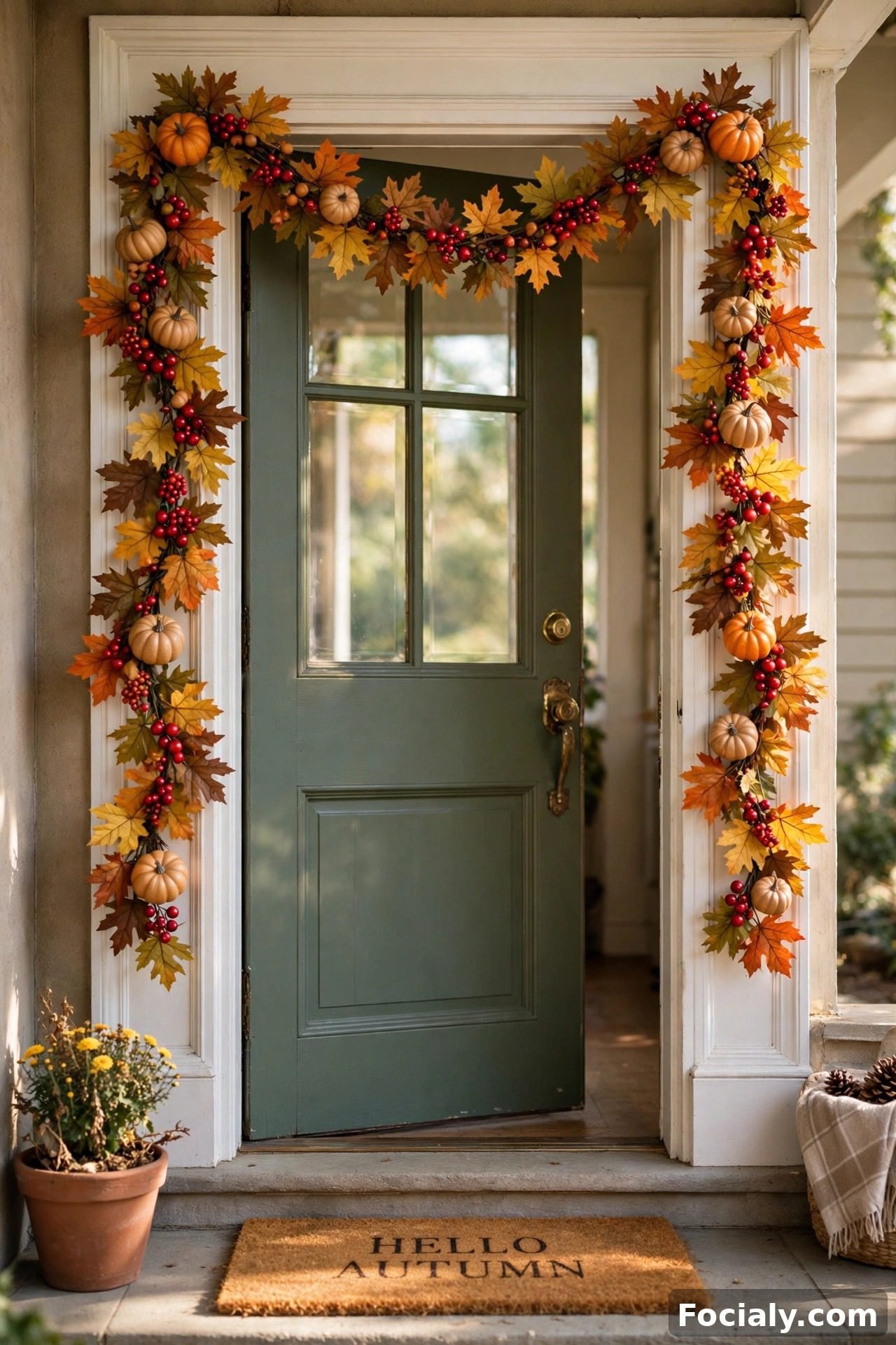 Faux fall leaf garland draped over a front door frame