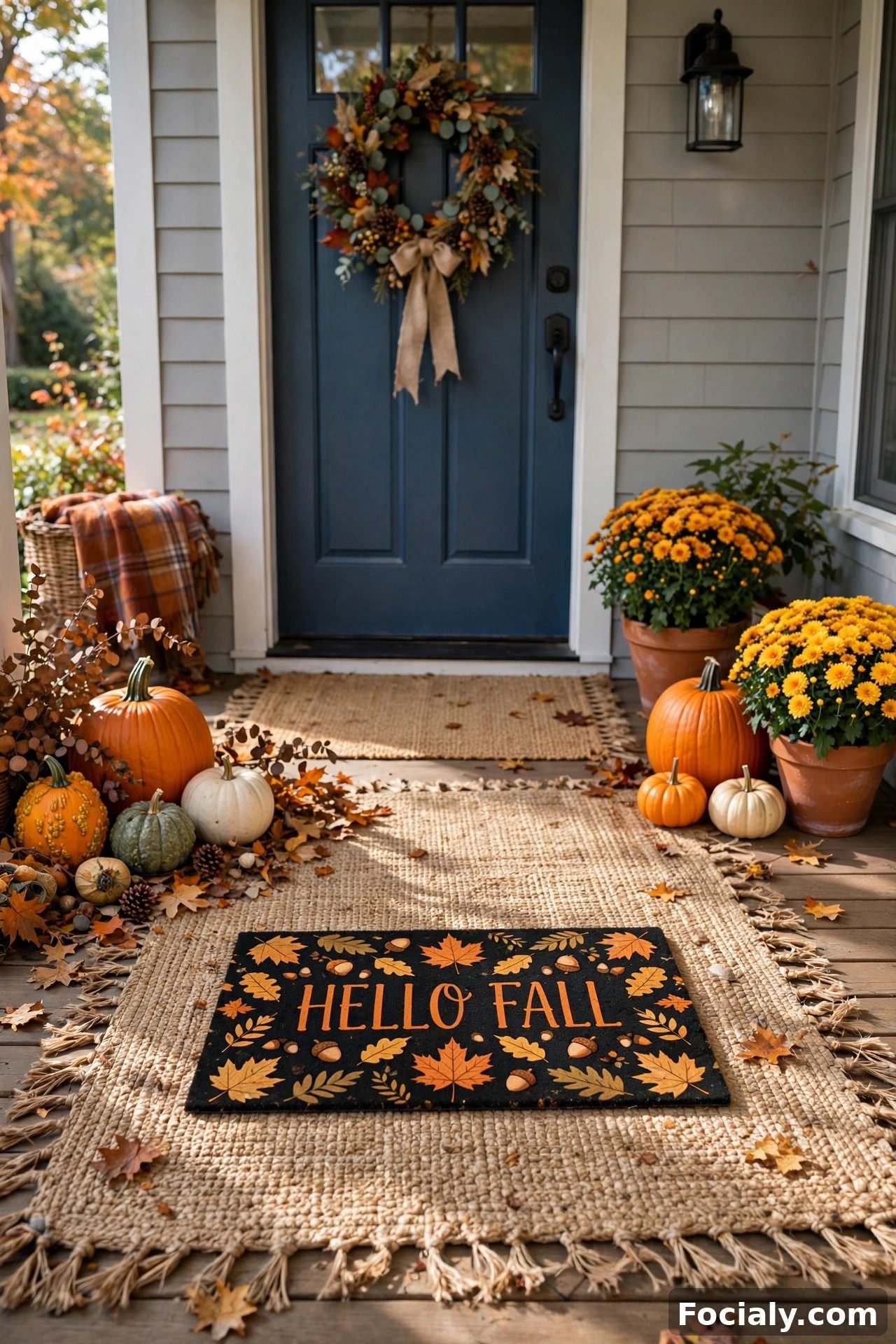 Layered outdoor rugs with a jute rug under a patterned doormat