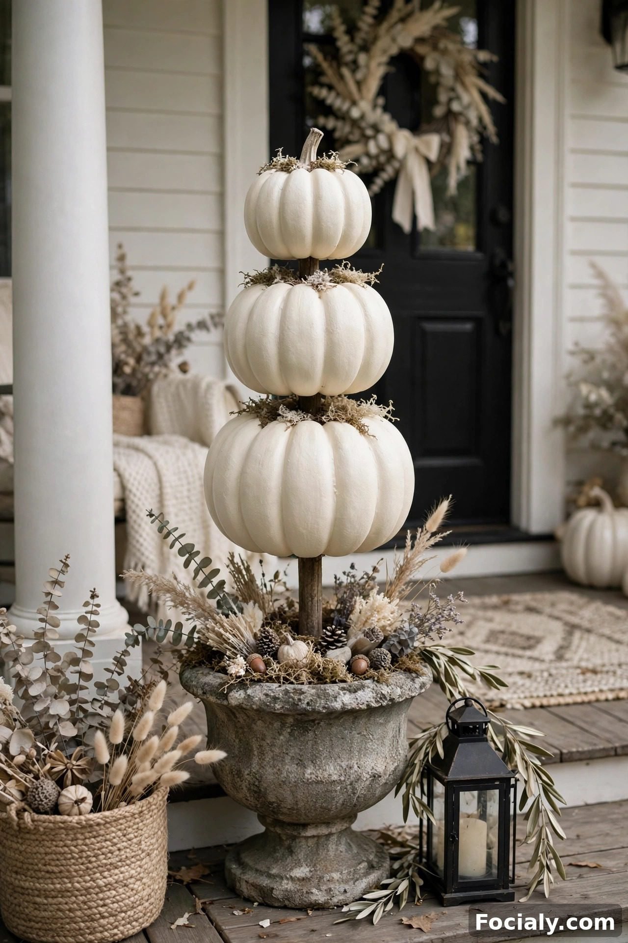 Painted pumpkin topiary stacked in a thrifted urn