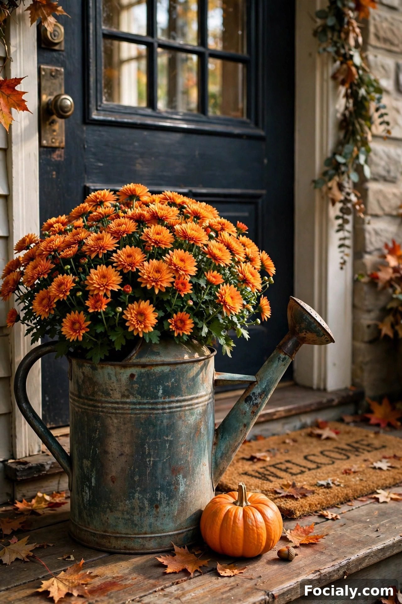 Vintage watering can filled with fall mums by the front door