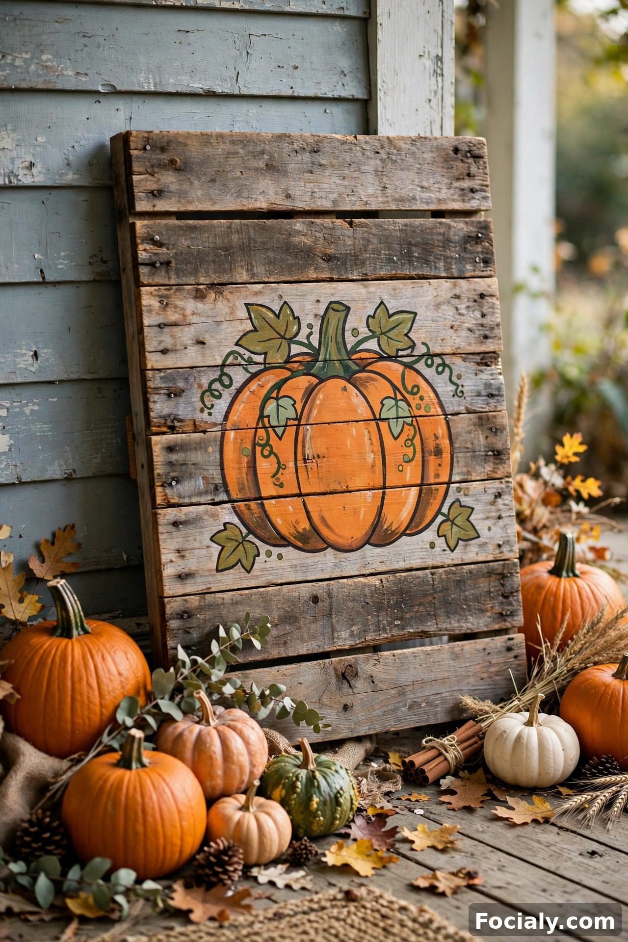 Rustic pallet wood sign decorated for fall on a porch