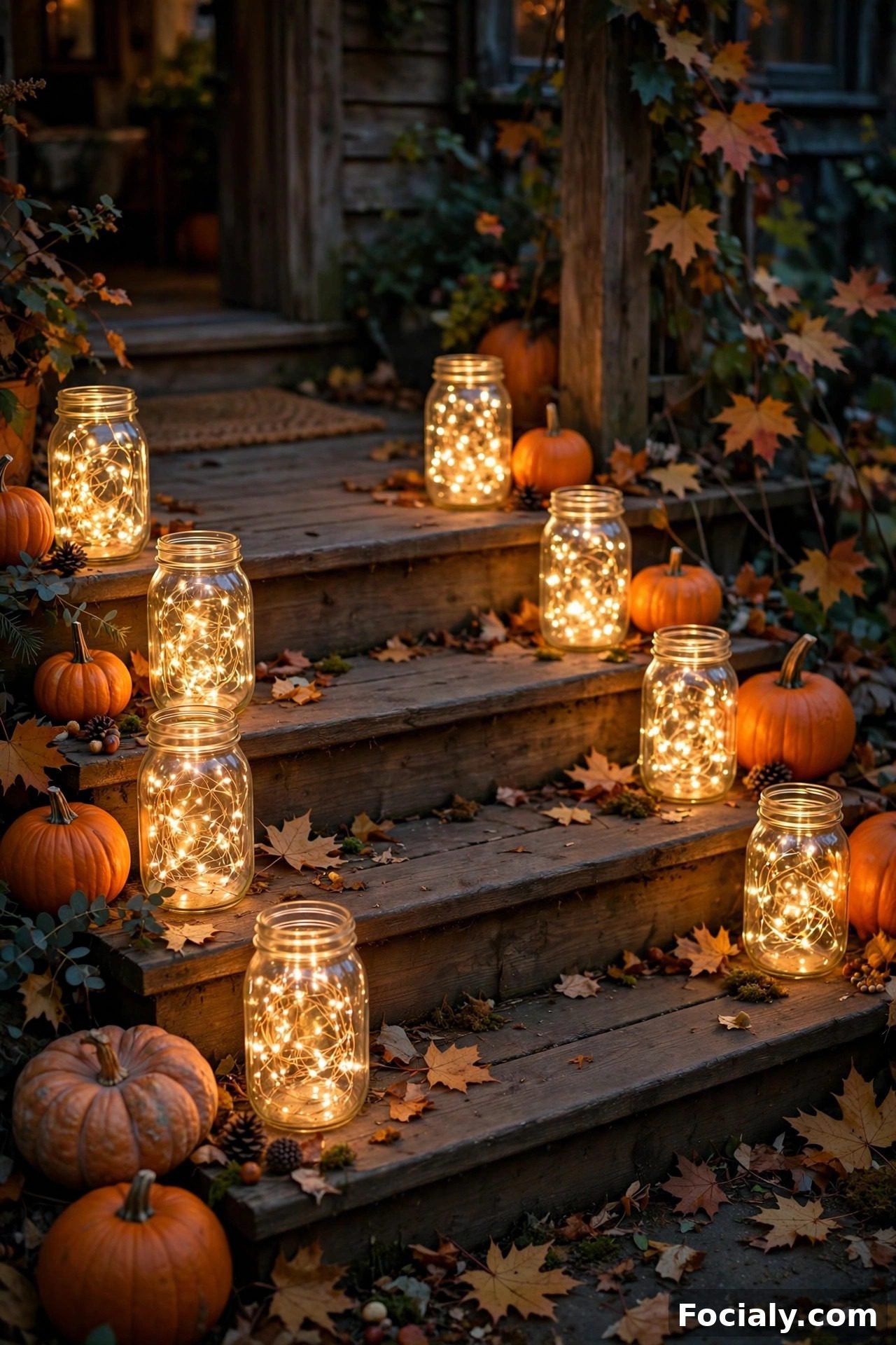 String lights glowing inside mason jars on porch steps at dusk