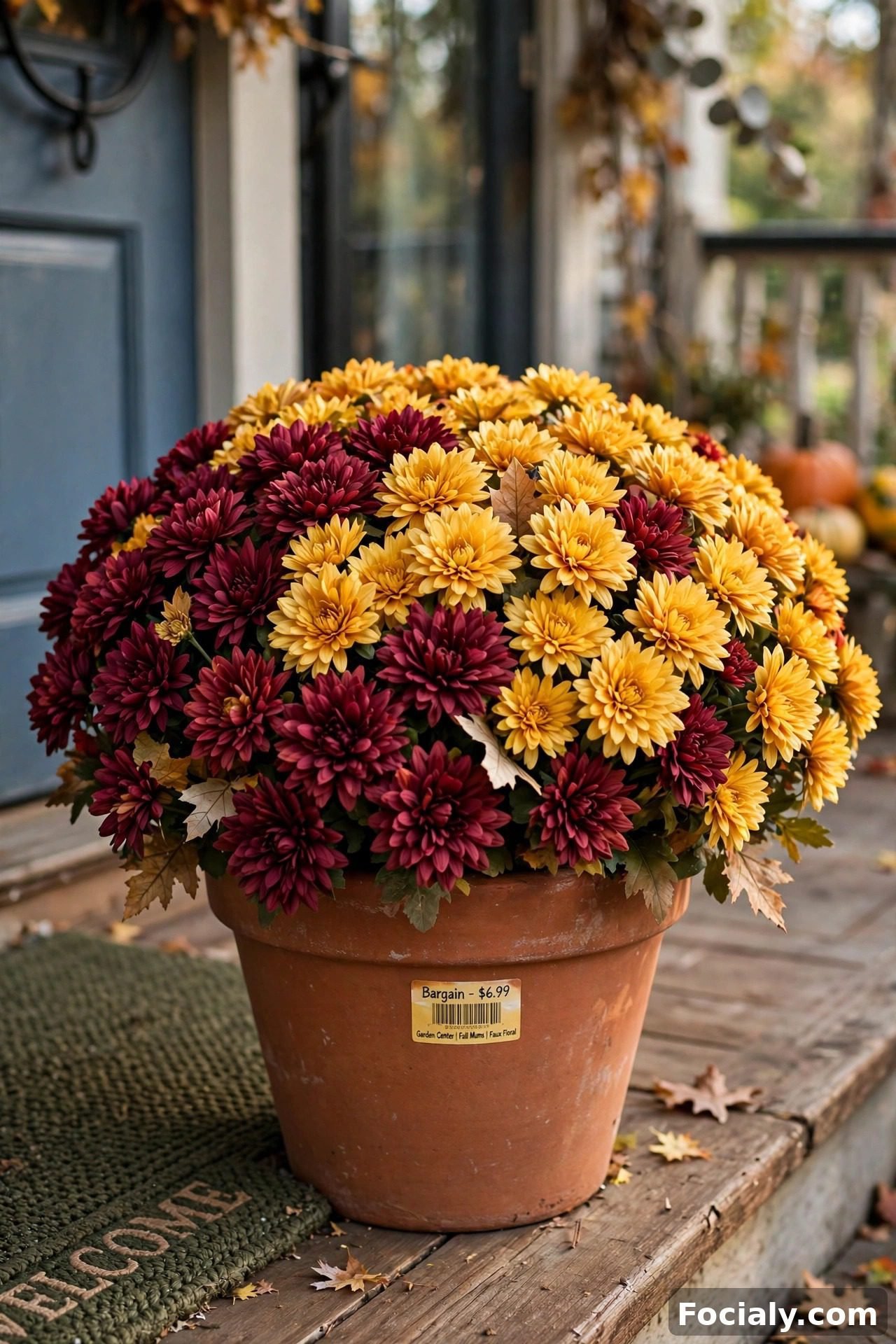 Affordable faux mums arranged in a bargain planter