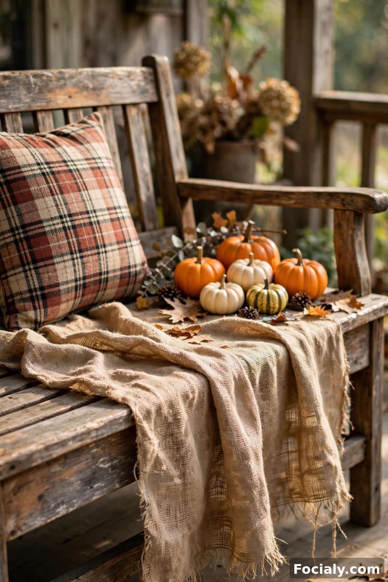 Burlap runner draped on a porch bench with pumpkins
