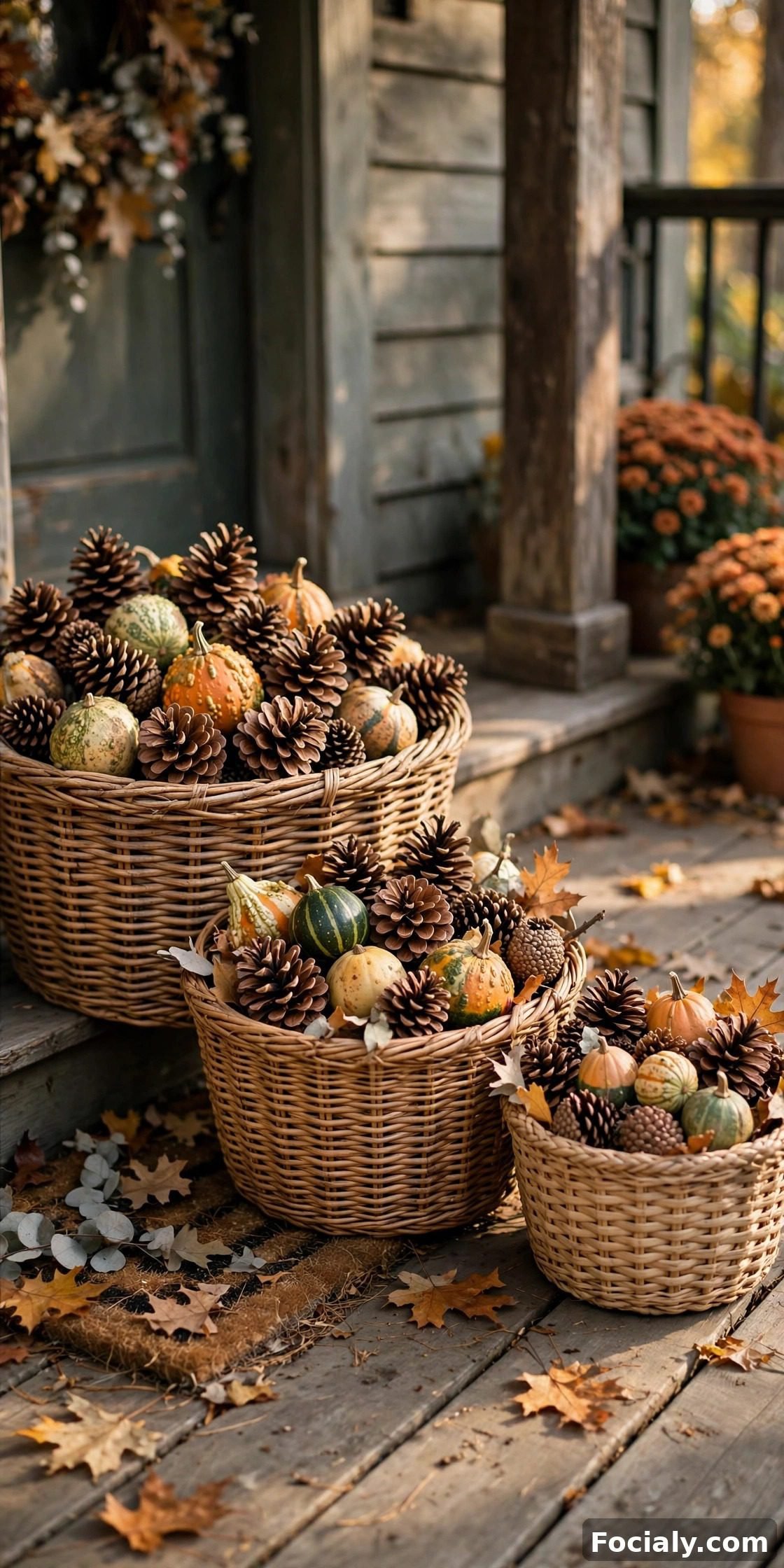 Woven baskets filled with pinecones and gourds on a porch