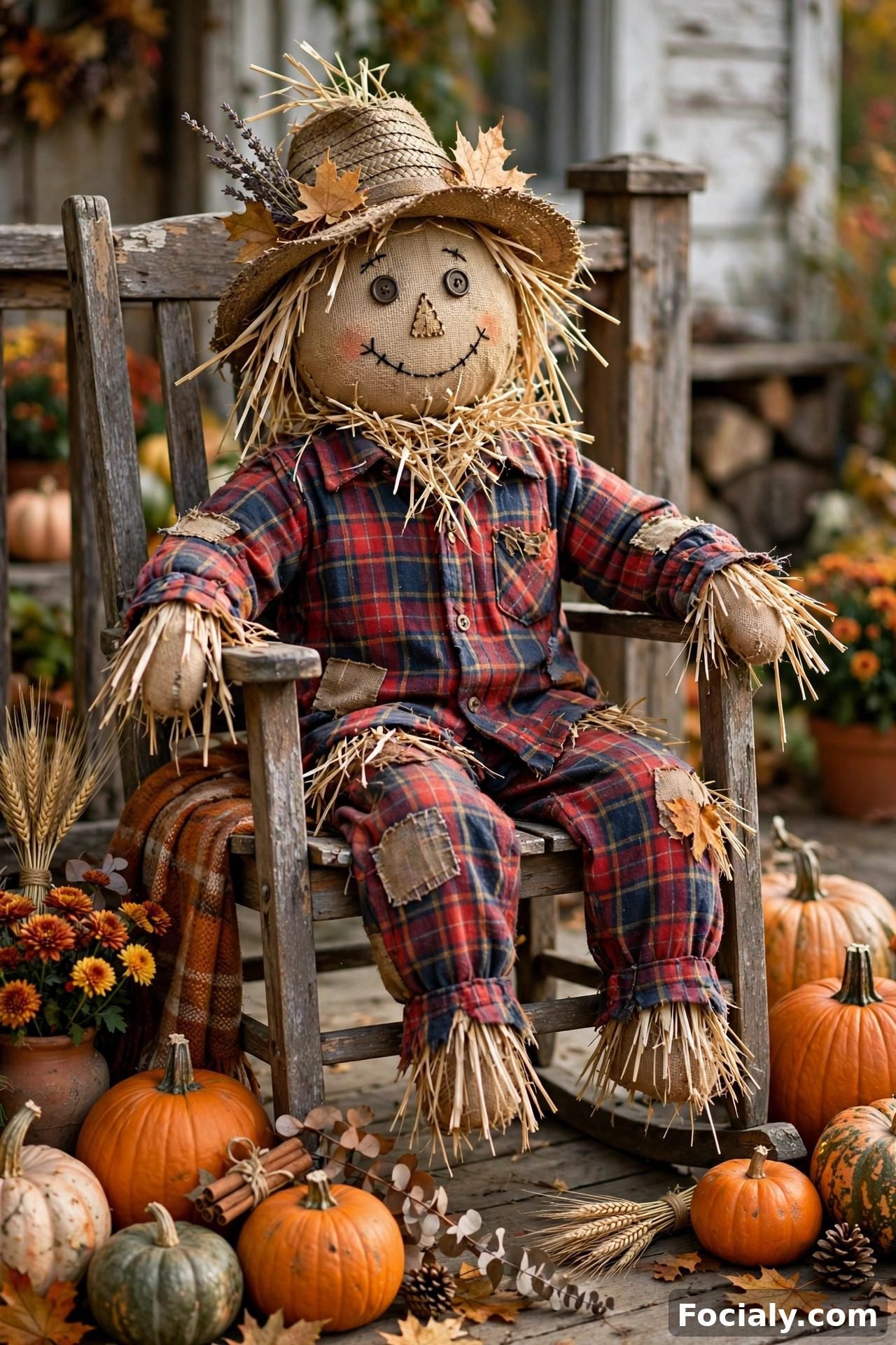 Simple DIY scarecrow made from old clothes sitting on a porch chair