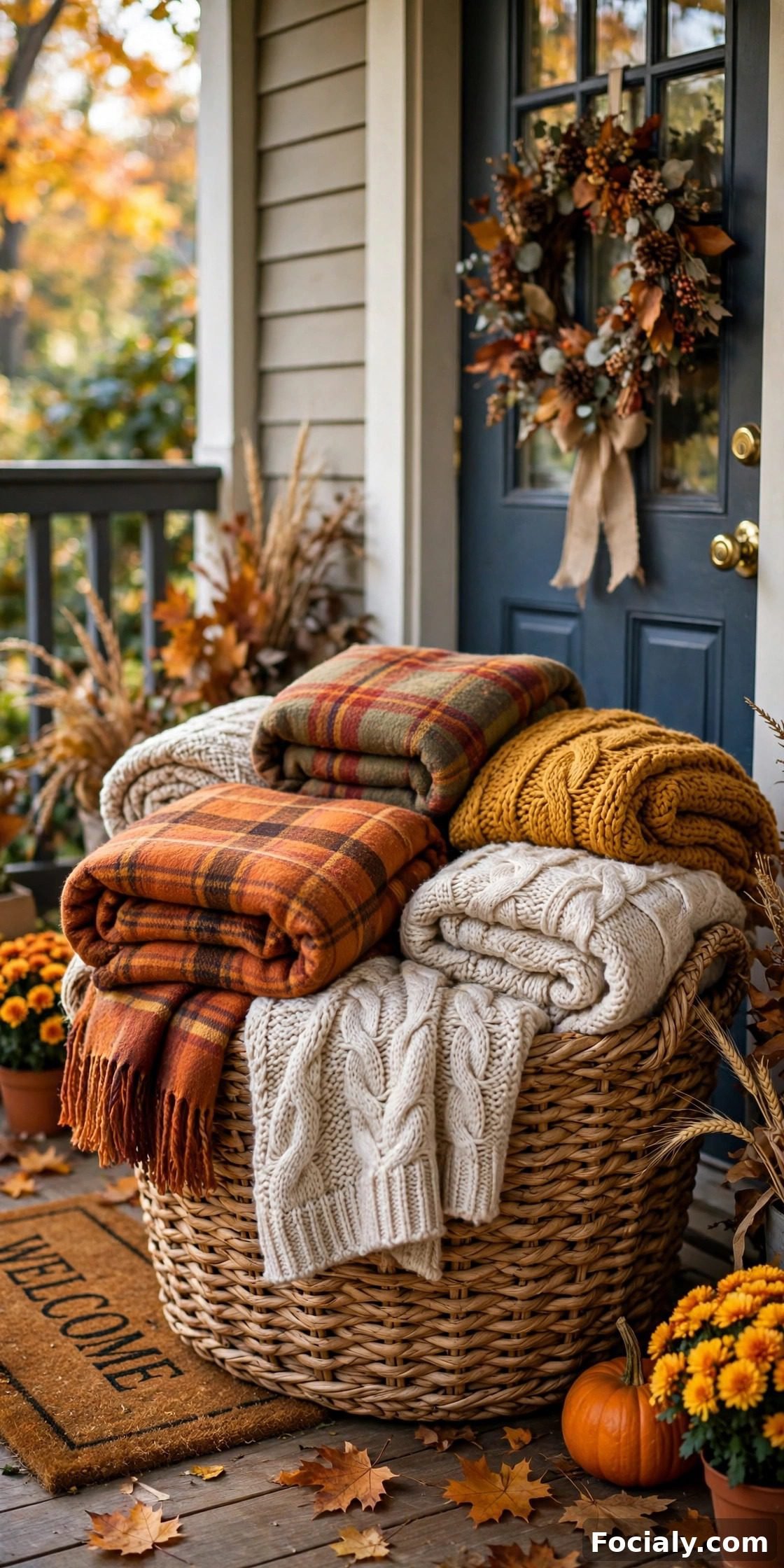 Woven basket with folded cozy throw blankets by the front door