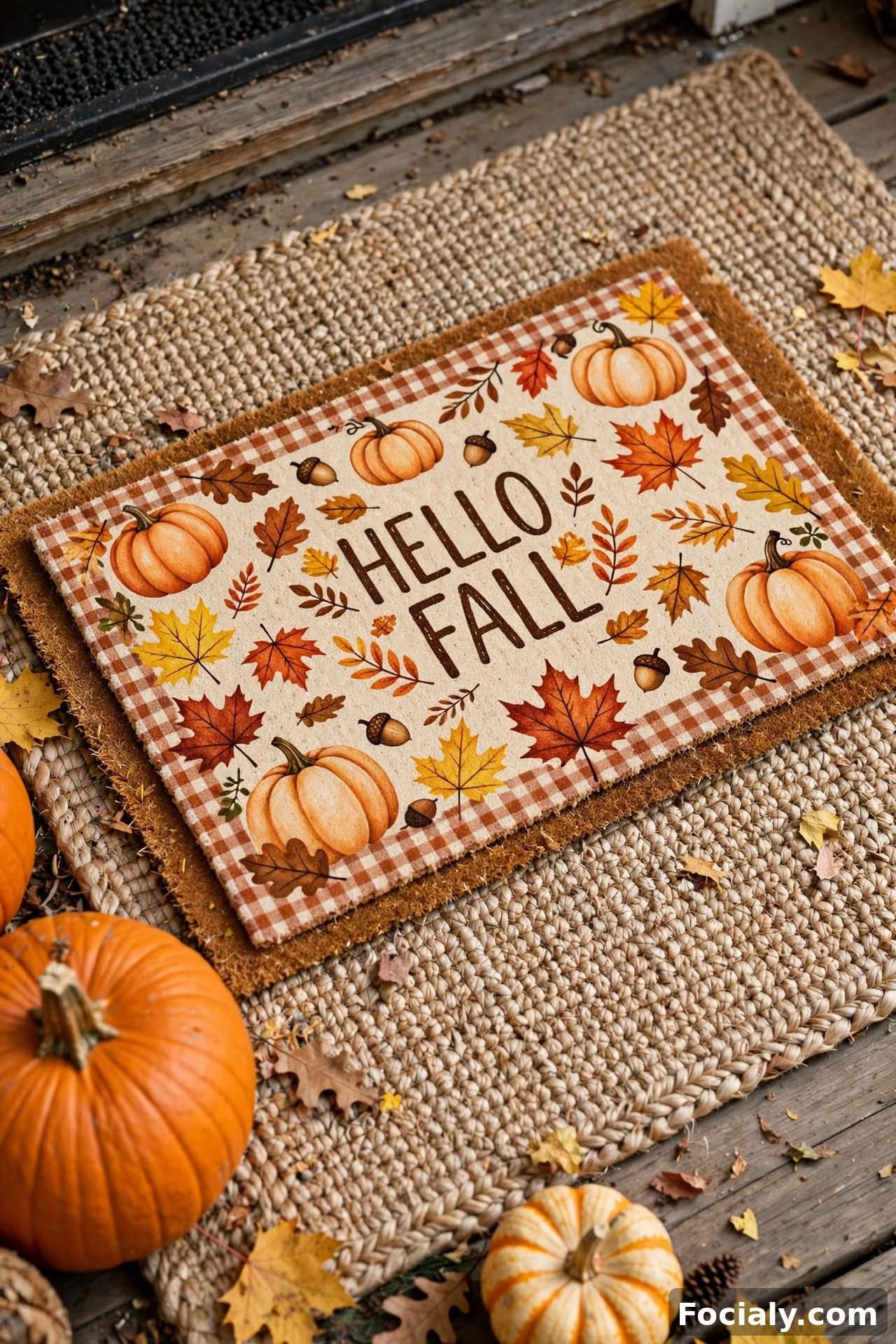 Layered doormats with a patterned mat over a larger rug