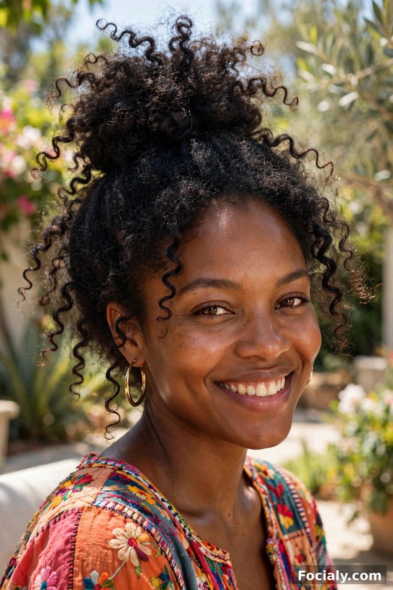 Curly pineapple top knot bun hairstyle idea