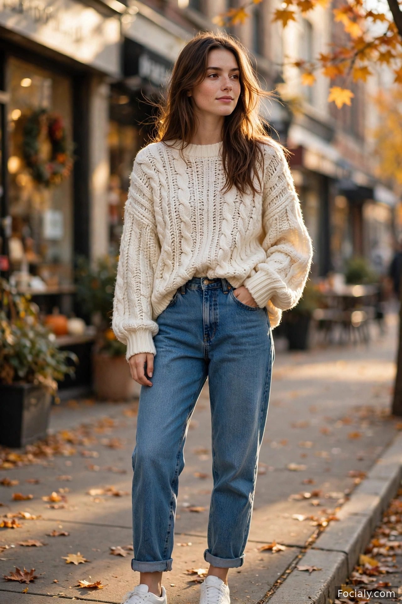 Woman wearing an oversized cream knit sweater with blue jeans and white sneakers