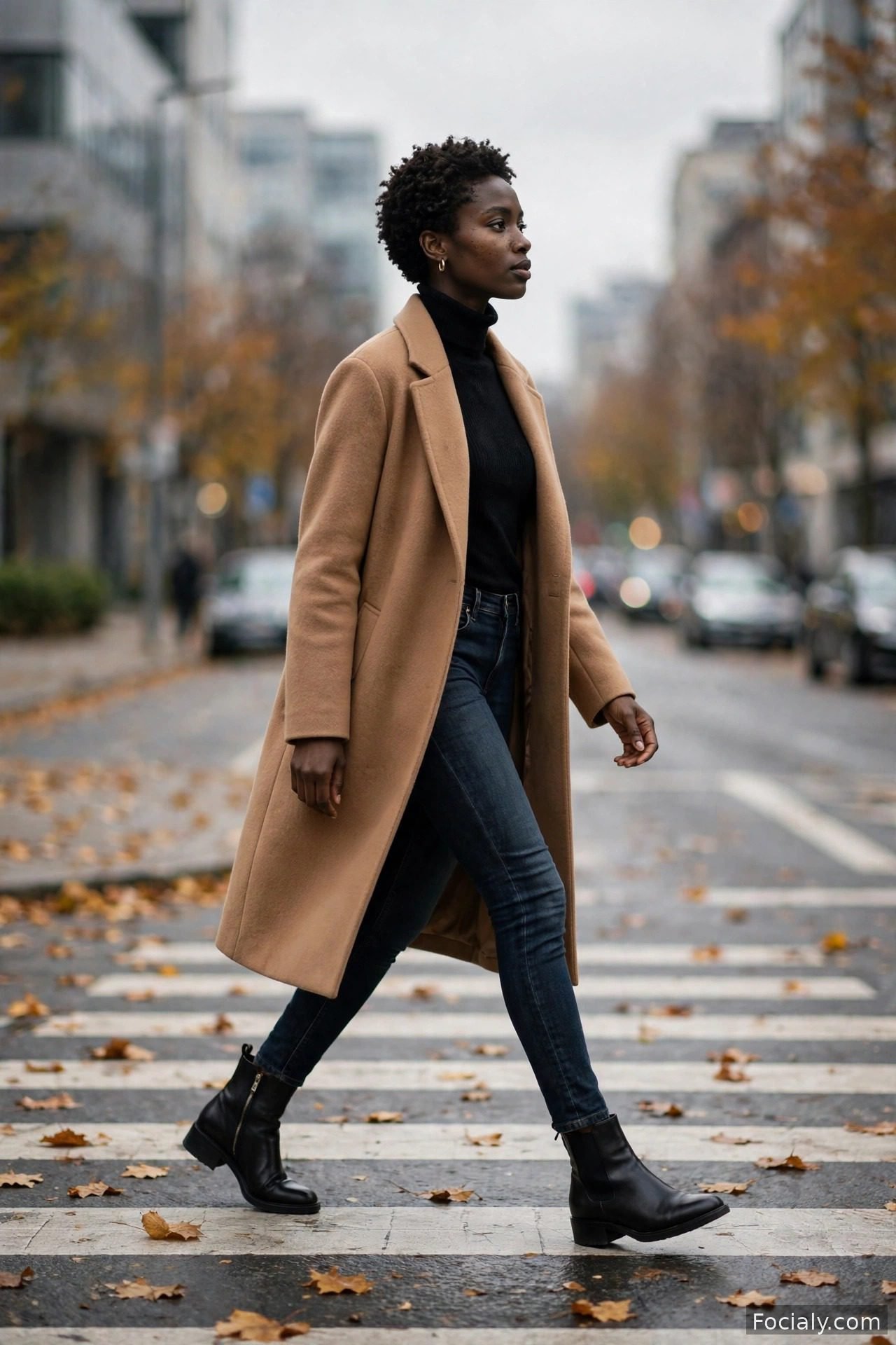 Woman in a camel wool coat over a black turtleneck with dark jeans and ankle boots