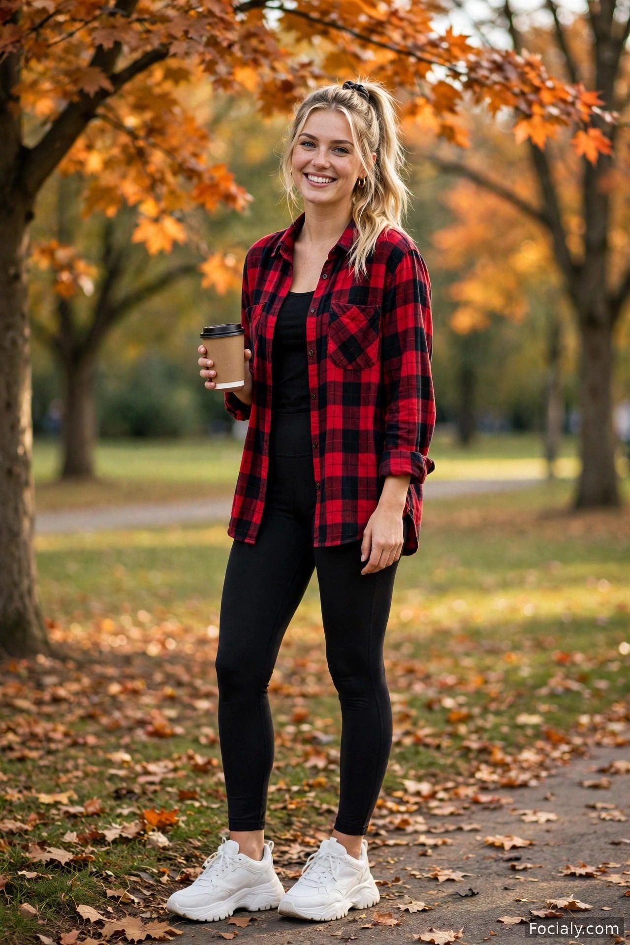 Woman wearing a red plaid flannel shirt with black leggings and chunky sneakers