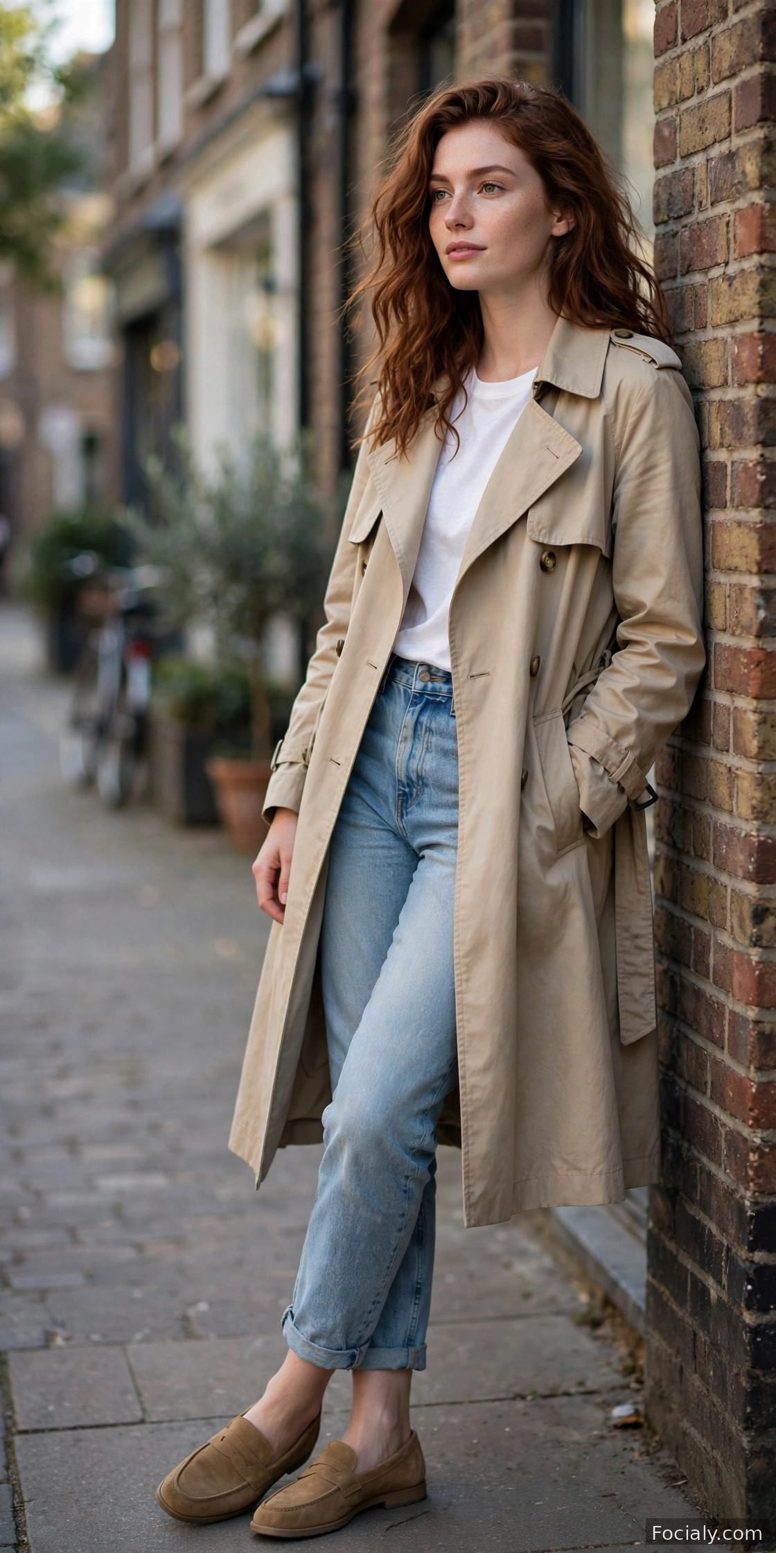 Woman in a beige trench coat with white t-shirt, mom jeans and loafers