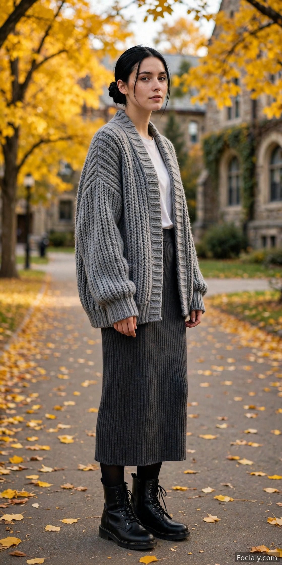 Woman wearing a chunky gray cardigan with a knit midi skirt, tights and combat boots