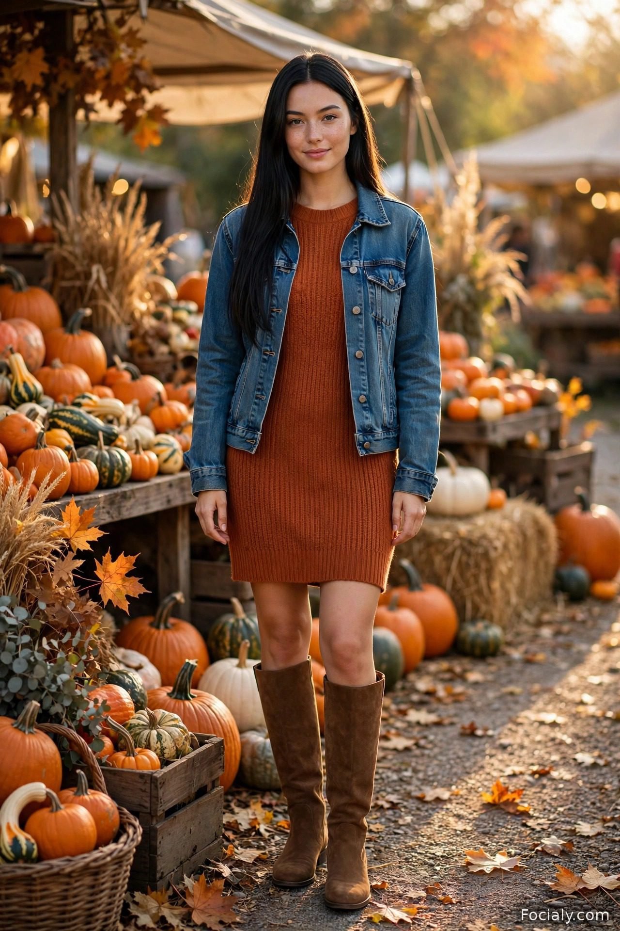Woman in a rust sweater dress with a denim jacket and knee-high boots