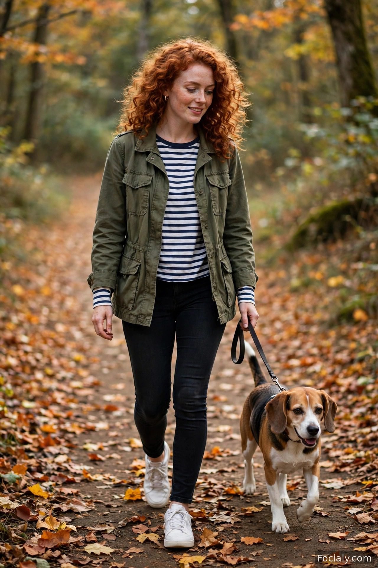 Woman wearing an olive utility jacket over a striped tee with black jeans and sneakers