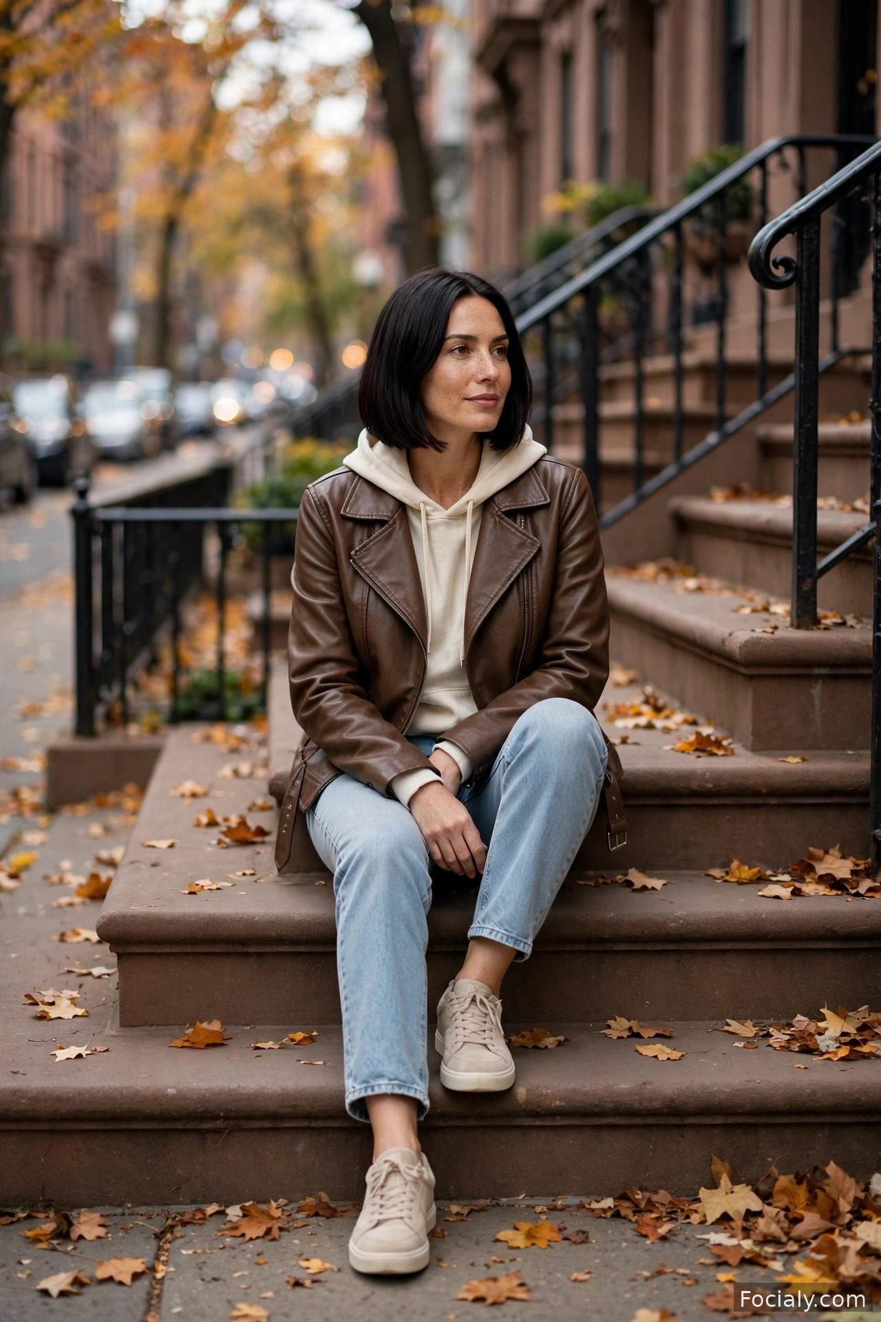 Woman in a brown leather jacket over a cream hoodie with light-wash jeans