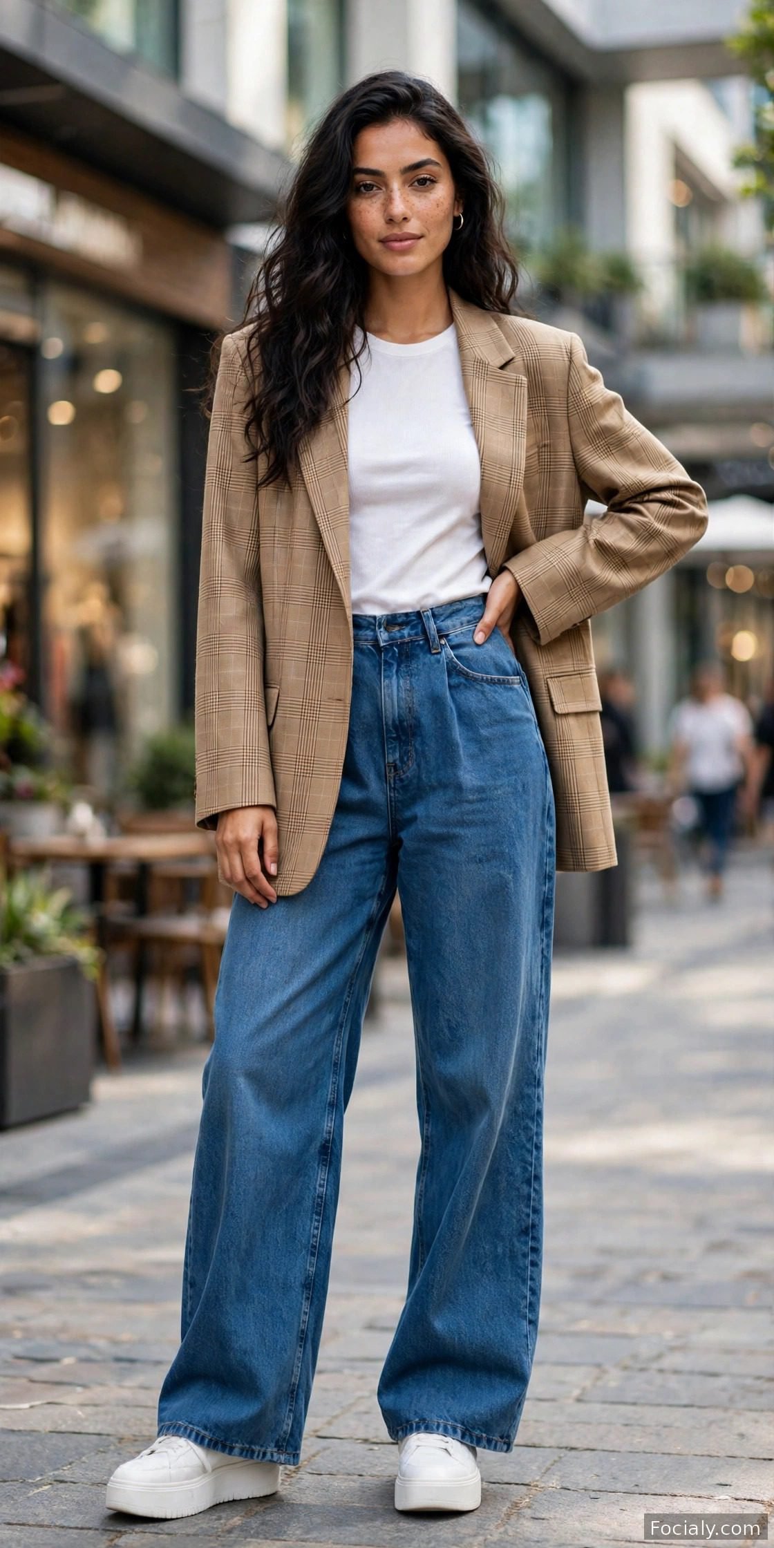 Woman wearing an oversized plaid blazer with wide-leg jeans and platform sneakers