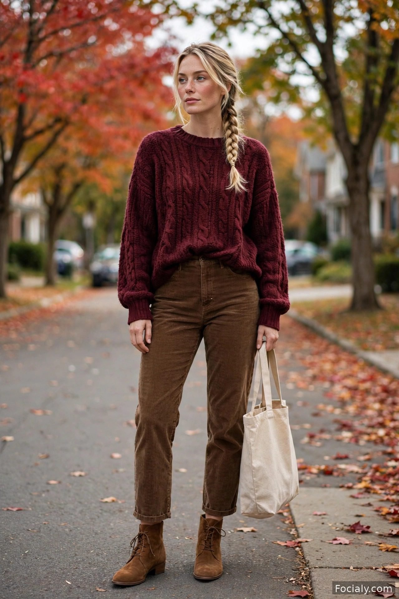 Woman in a burgundy oversized sweater with brown corduroy pants and suede boots