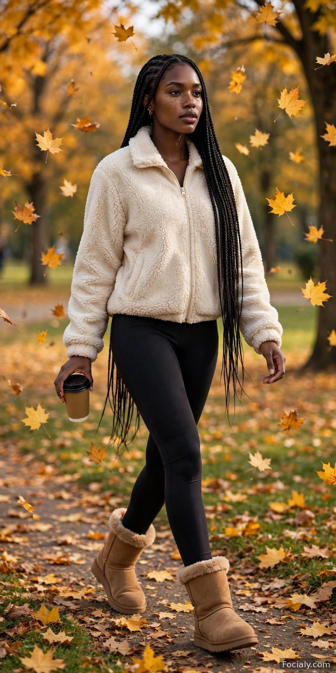 Woman wearing a cream teddy fleece jacket with black leggings and cozy boots