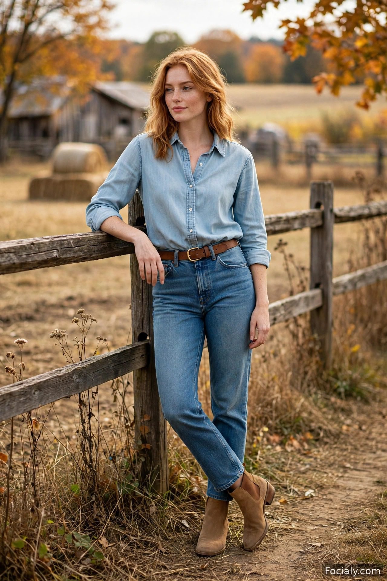 Woman in a denim-on-denim outfit with a chambray shirt, jeans and tan boots