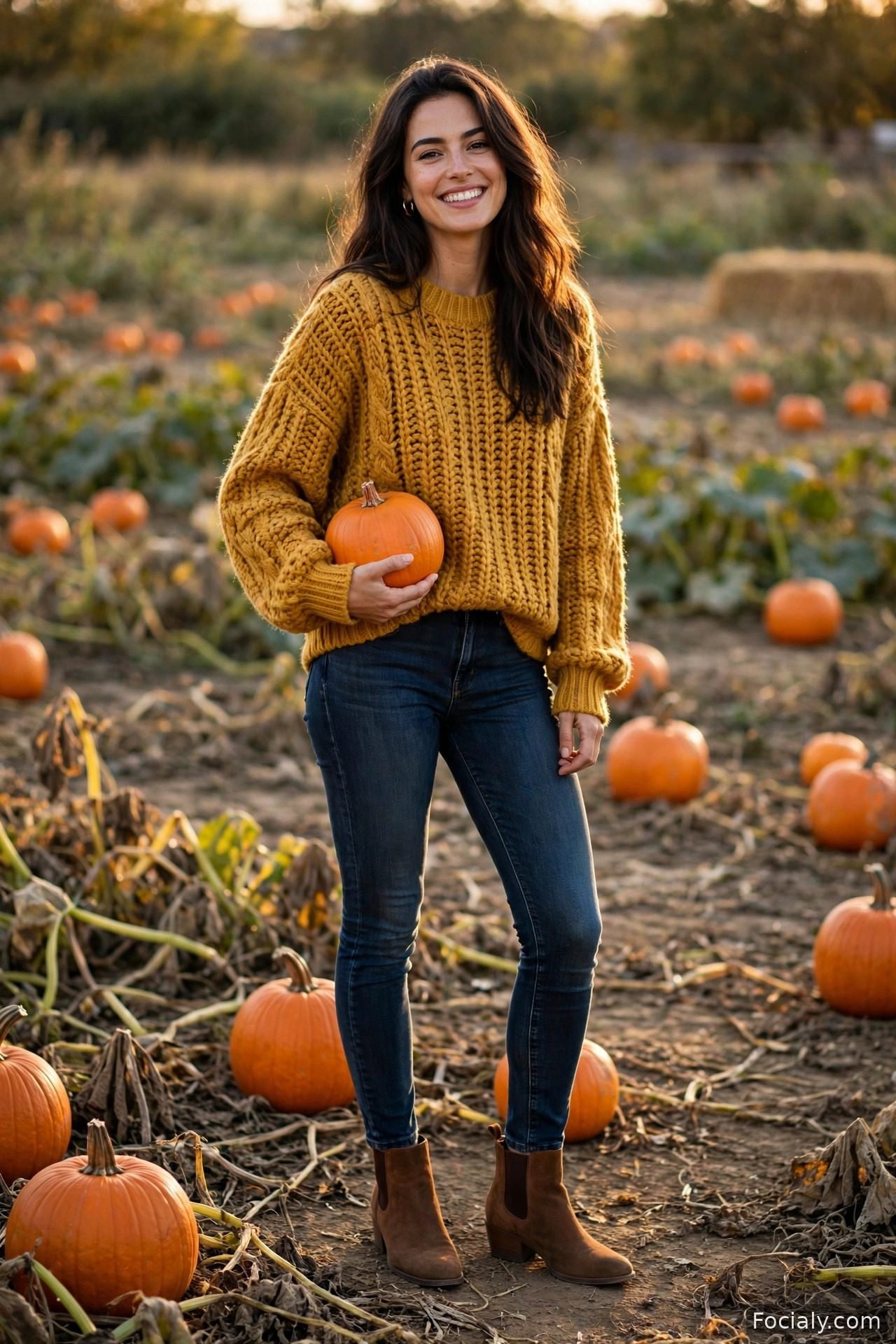 Woman wearing a mustard chunky sweater with dark jeans and ankle booties in a pumpkin patch