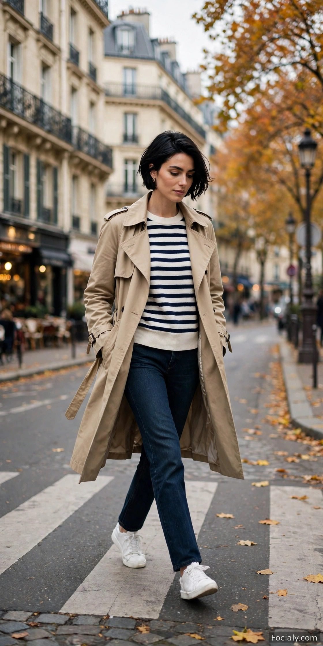 Woman in a Breton striped sweater and trench coat with dark jeans and white sneakers