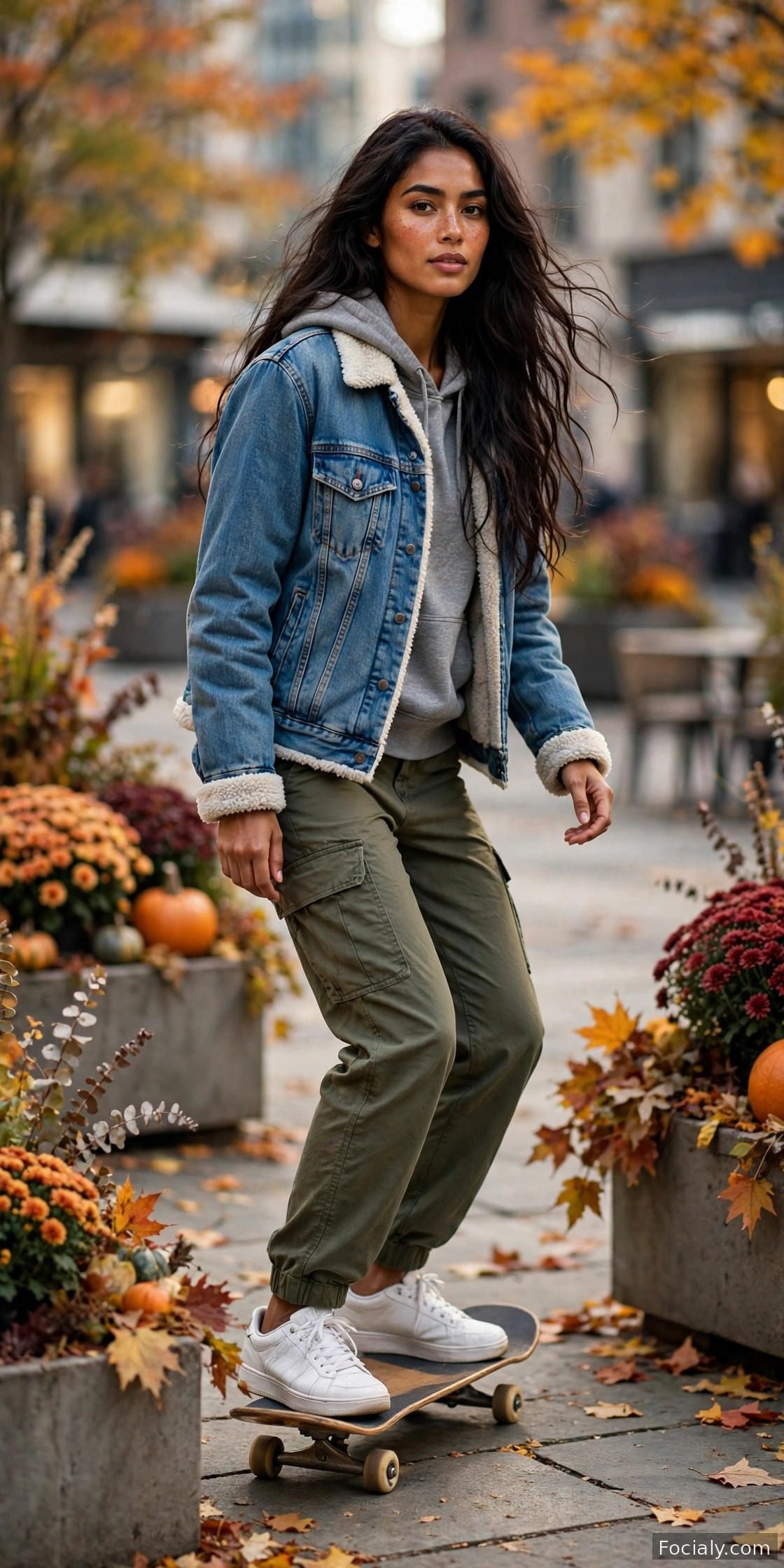 Woman wearing a sherpa-lined denim jacket over a hoodie with cargo pants and sneakers