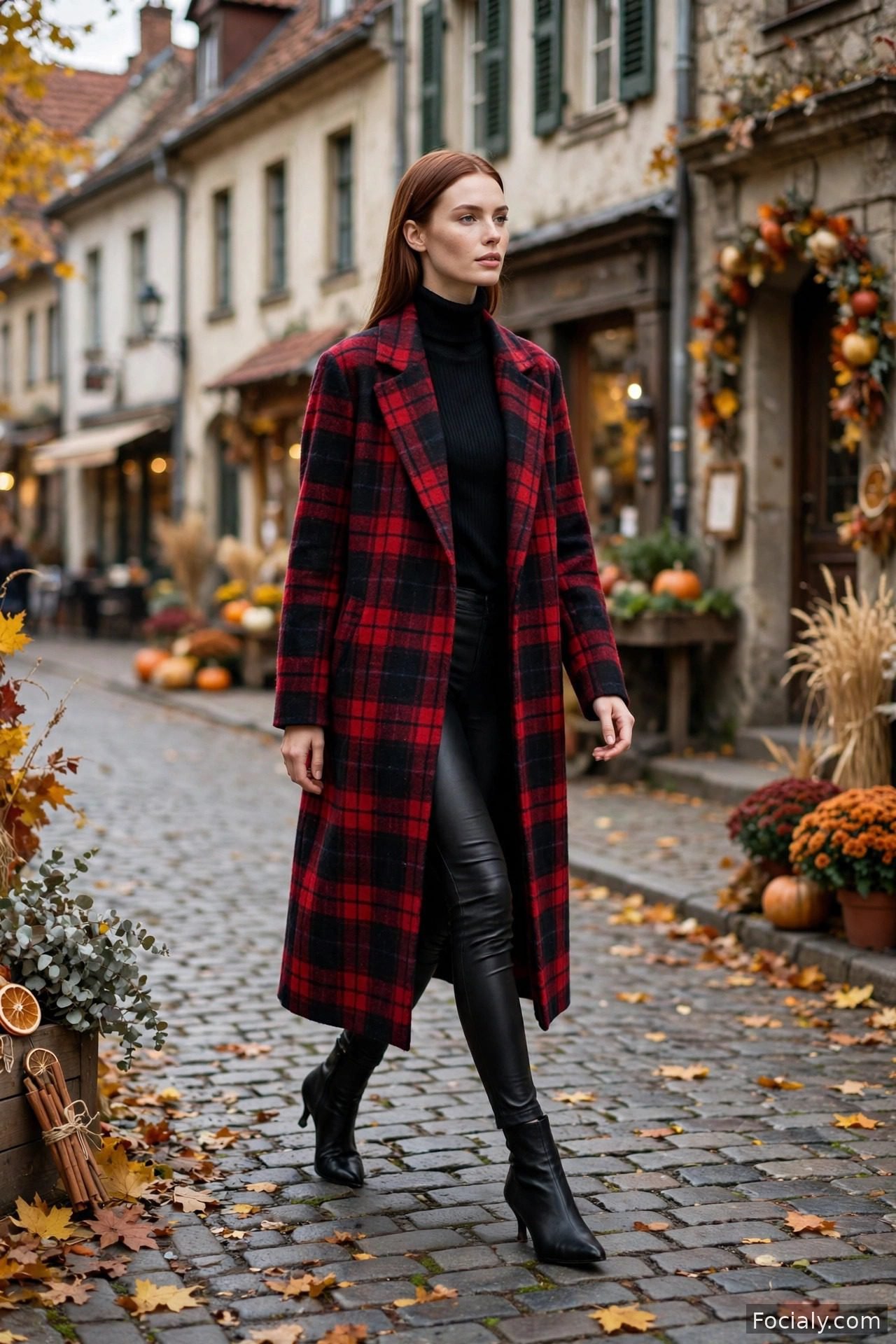 Woman in a plaid wool coat over a black turtleneck with faux-leather pants and heeled boots